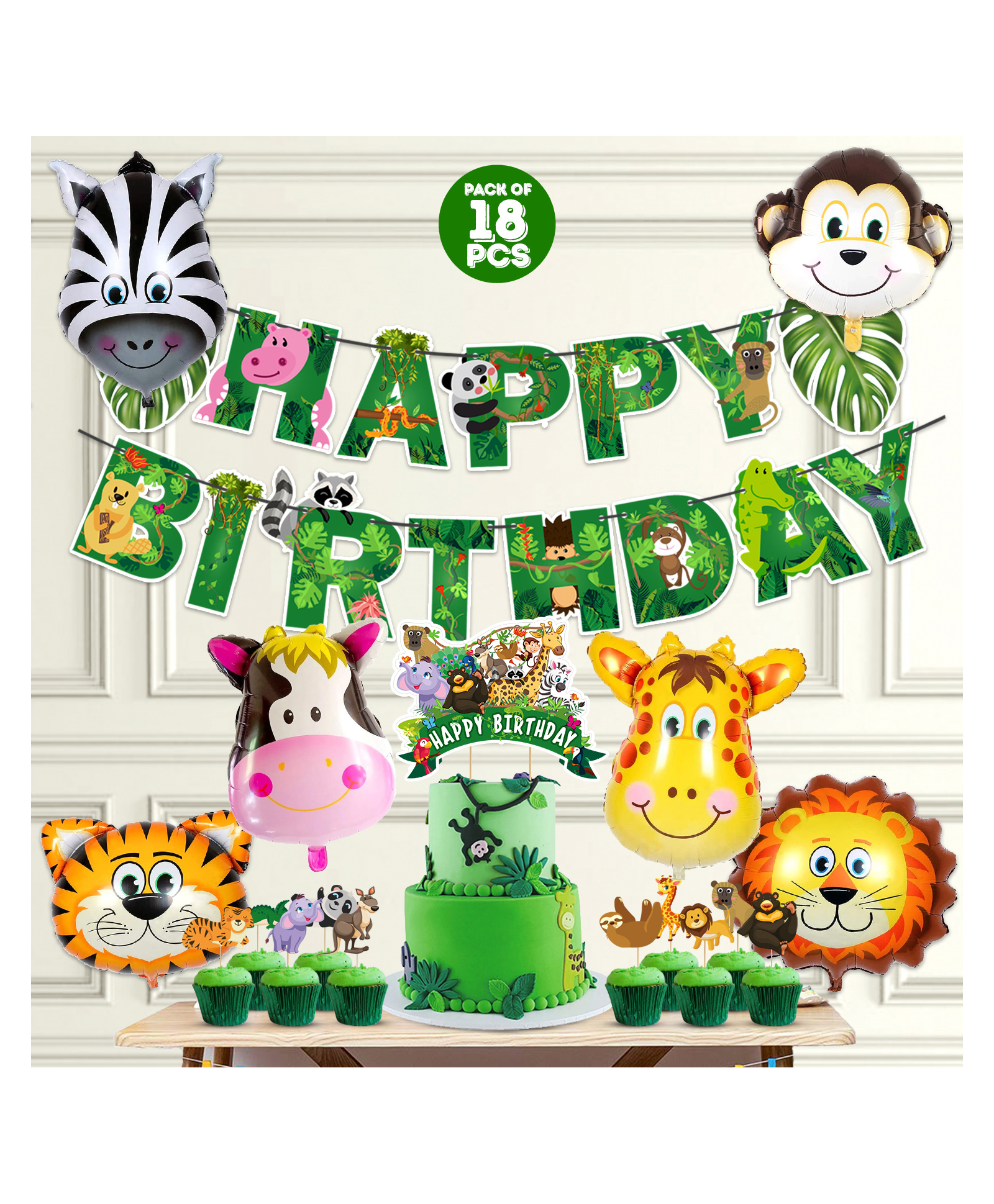 Zyozi Jungle Safari Happy Birthday Decoration Animal Birthday Decoration Green - Pack of 18-picture-31