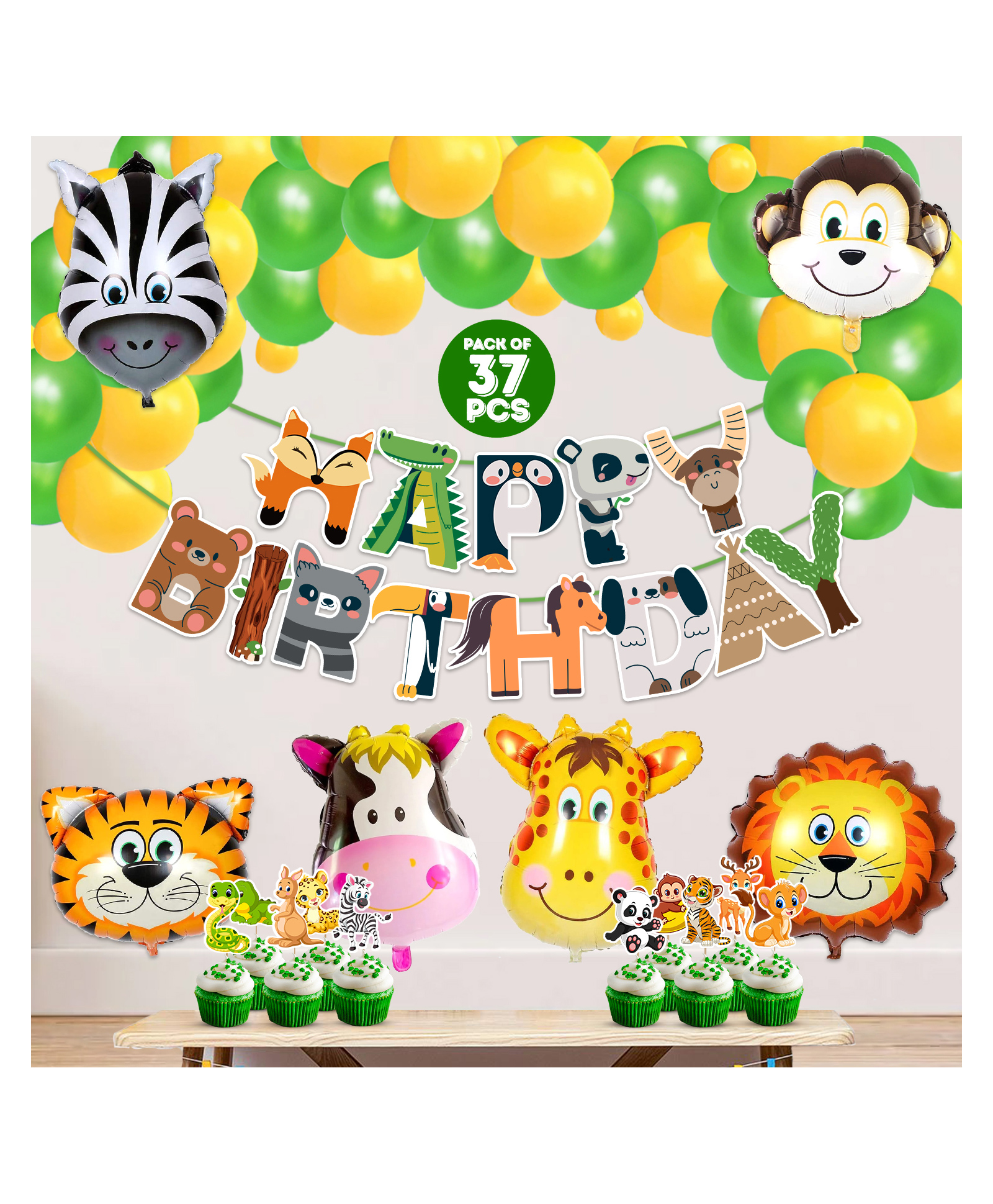 Zyozi Jungle Safari Happy Birthday Decoration Animal Birthday Decoration Green - Pack of 37-picture-34