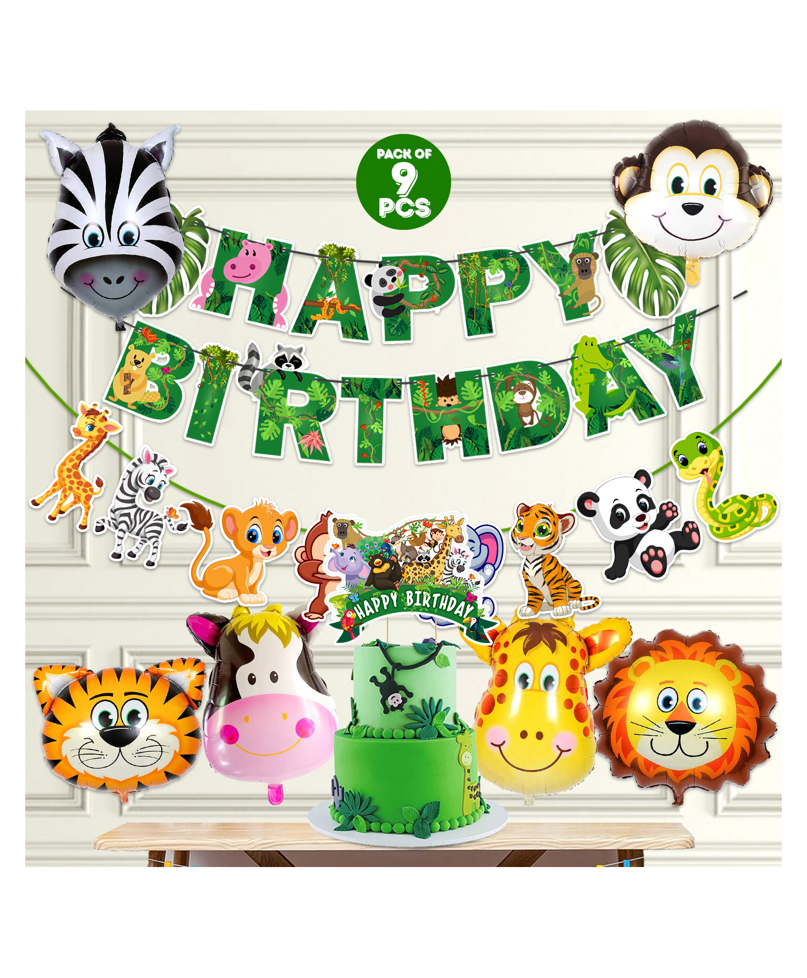 Zyozi Jungle Safari Happy Birthday Decoration Animal Birthday Decoration Green - Pack of 9-picture-32