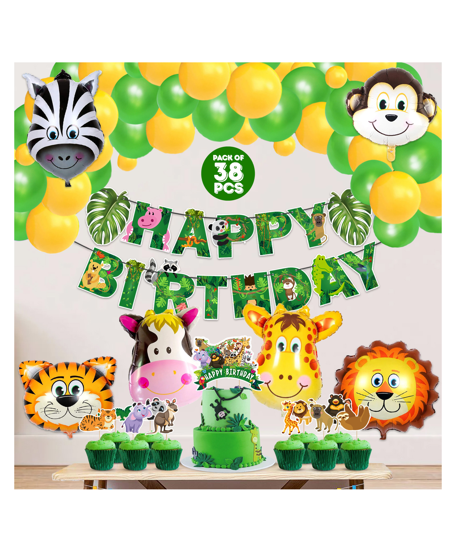 Zyozi Jungle Safari Happy Birthday Decoration Kids,Animal Birthday Decoration, Green - Pack of 38-picture-26