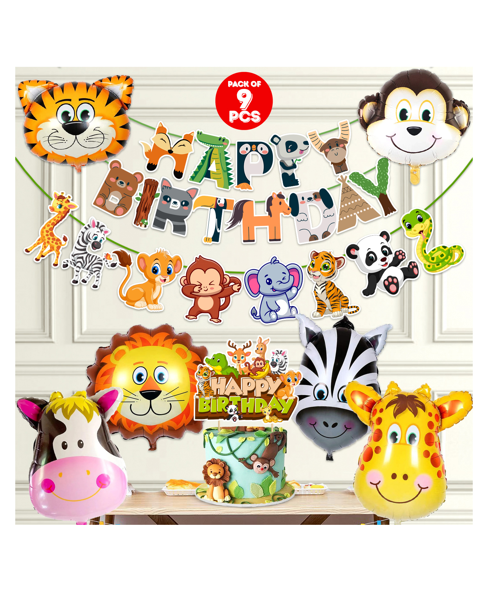 Zyozi Jungle Safari Happy Birthday Decoration Kids,Animal Birthday Decoration, Green - Pack of 9-picture-19