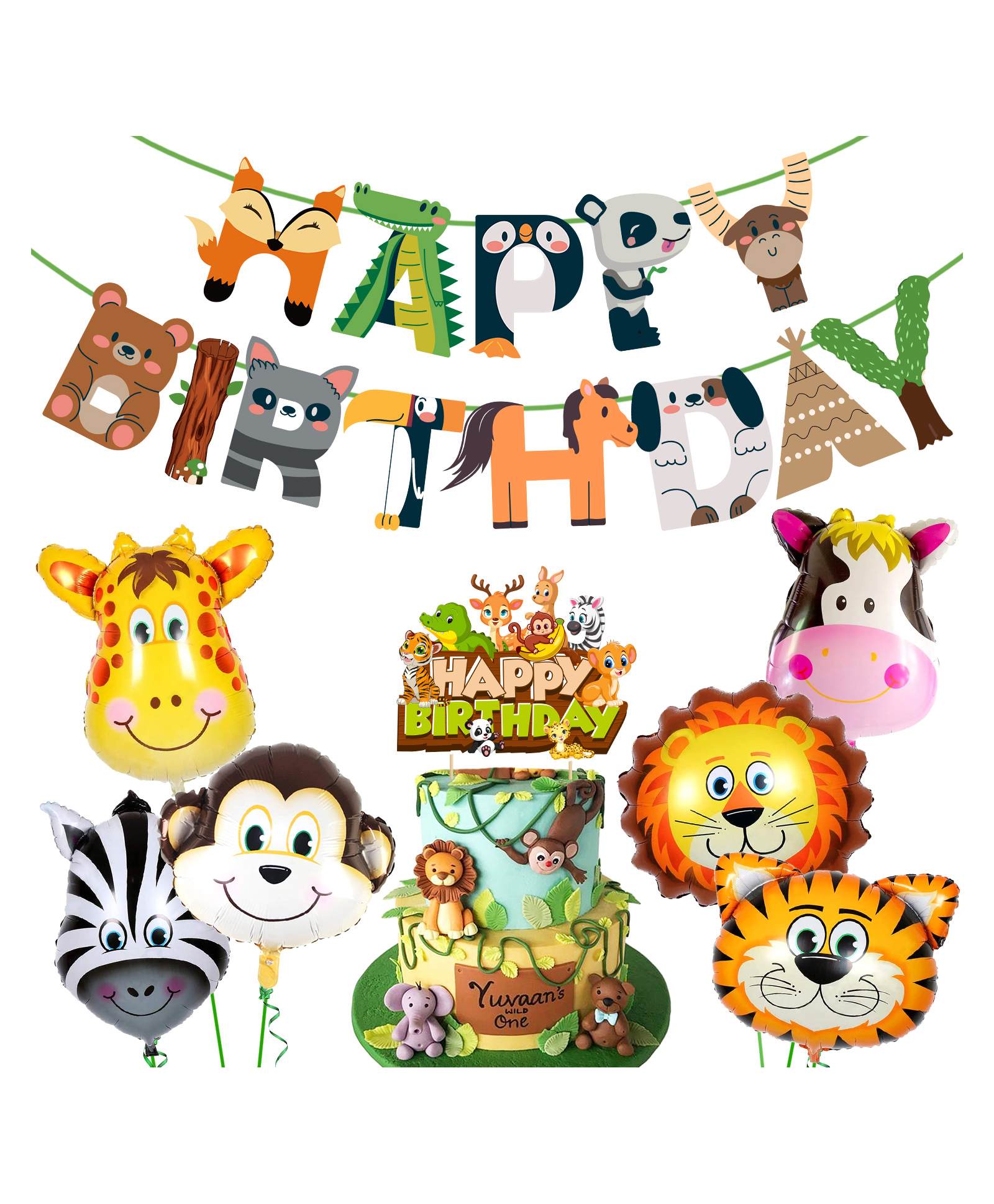 Zyozi Jungle Safari Happy Birthday Decoration Kids,Animal Birthday Decoration, Green - Pack of 8-picture-21