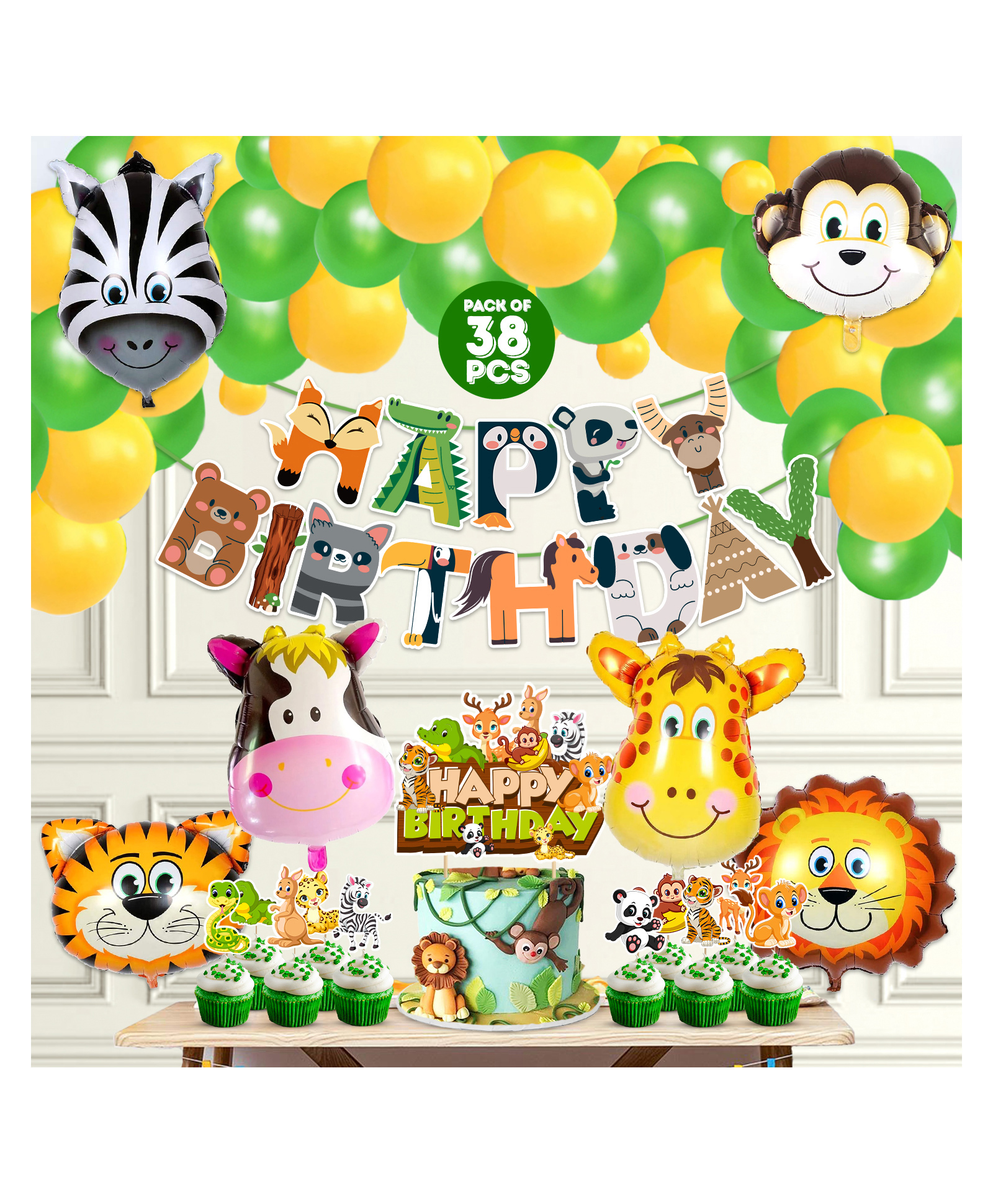 Zyozi Jungle Safari Happy Birthday Decoration Kids,Animal Birthday Decoration, Green - Pack of 38-picture-28