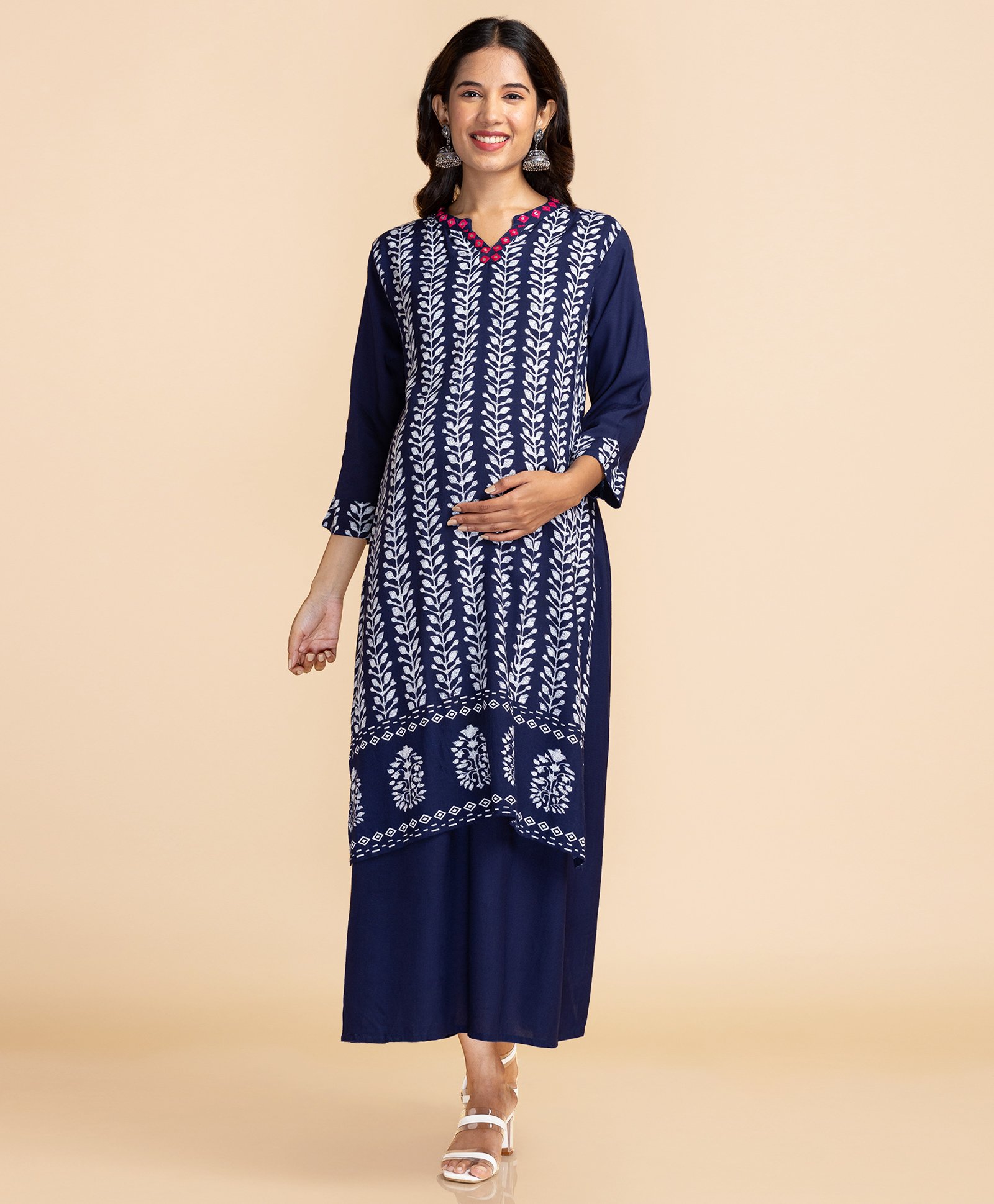Bella Mama Three Fourth Sleeves Double Layered Maternity Kurta- Navy Blue-image-24
