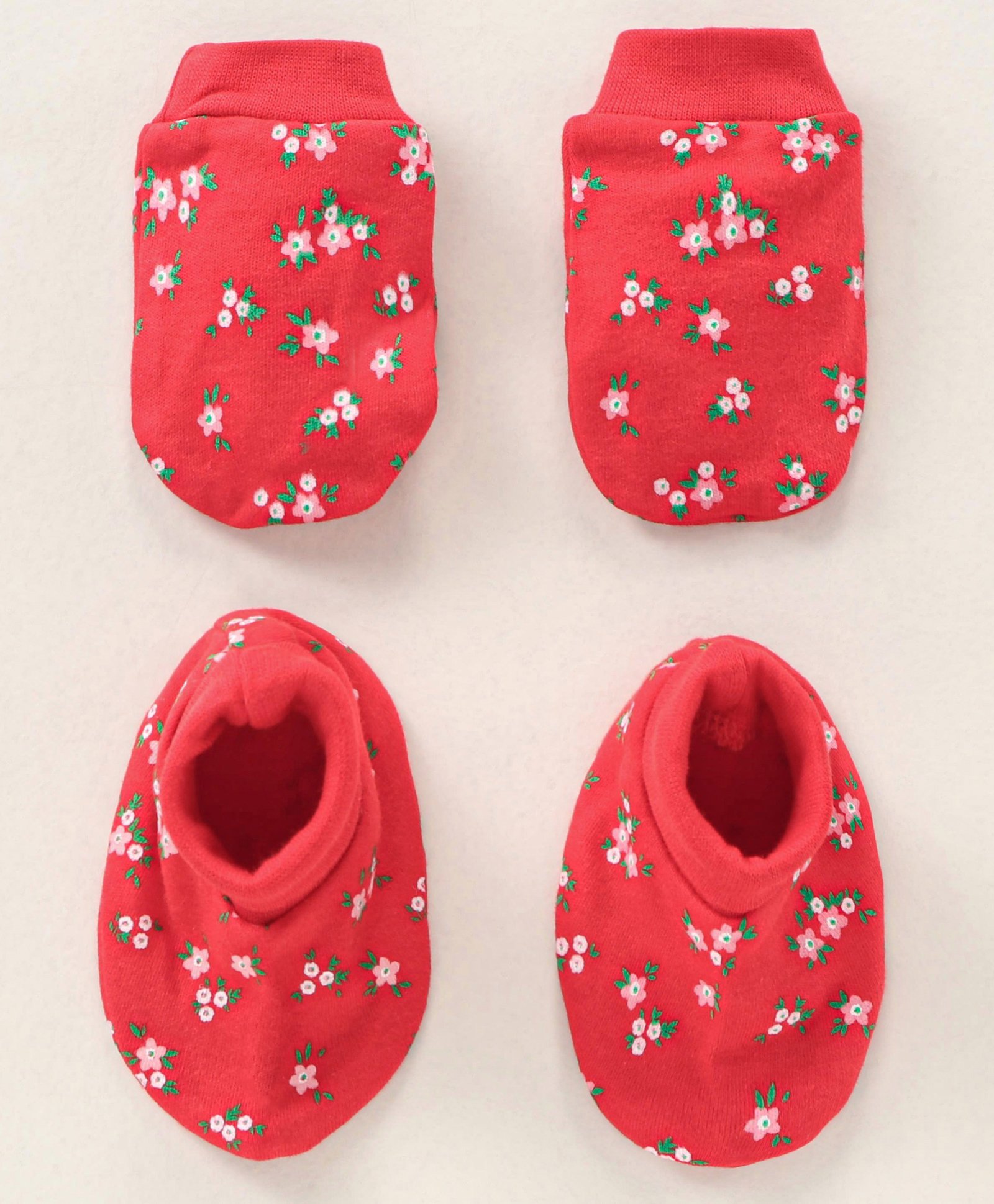 Babyhug 100% Cotton Mittens and Booties Floral Print - Red-picture-24