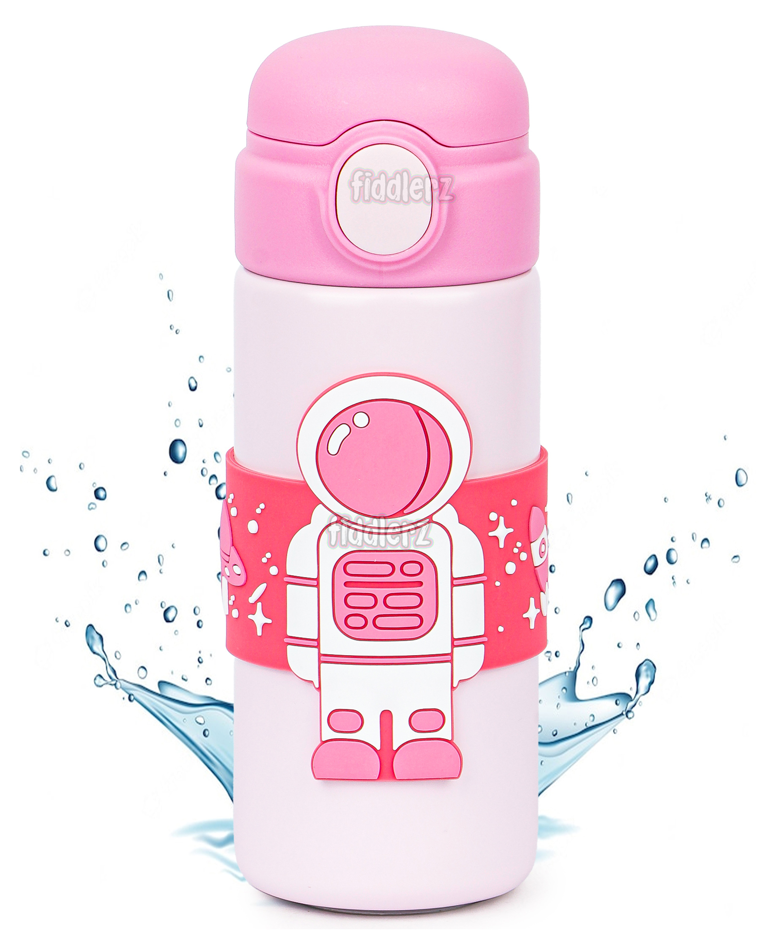 Fiddlerz Stainless Steel Water Bottle For Kids Astronaut Edition Insulated Kids Water Bottle Spill Proof Straw Valve Pop Button BPA Free Soft Grip Water Bottle for School PINK - 500 ML-image-7