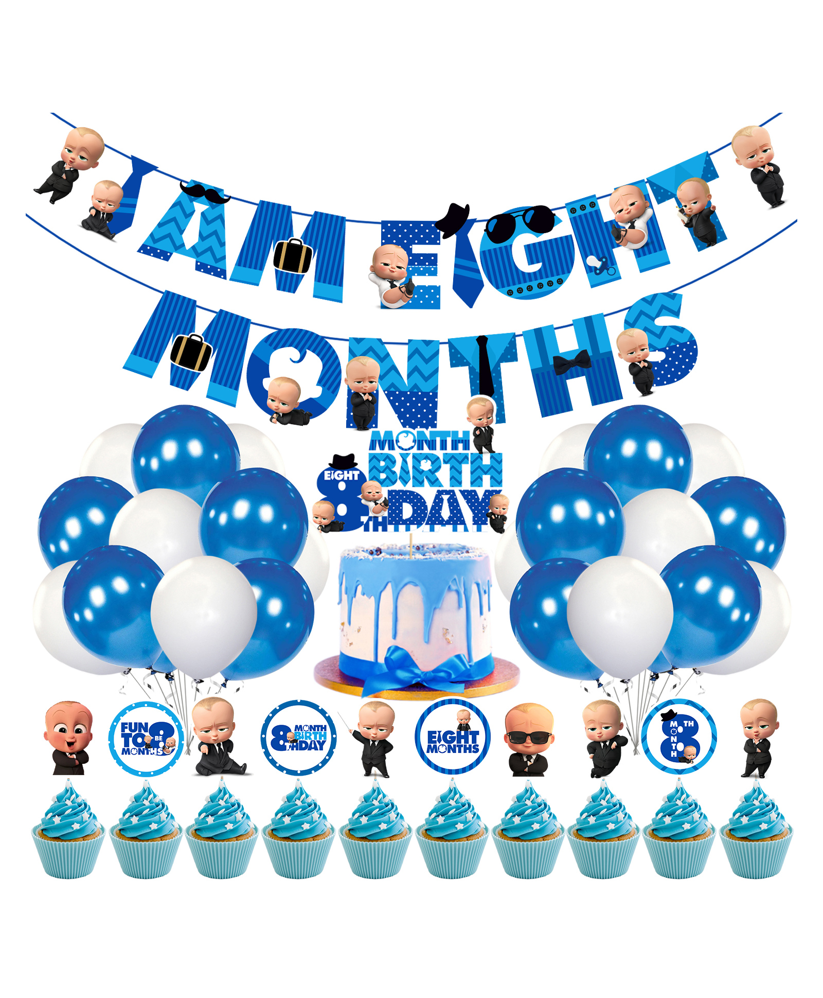 Zyozi Boss Baby 8th Month Birthday Decoration Items for Baby Boy, Blue - Pack of 37-picture-17