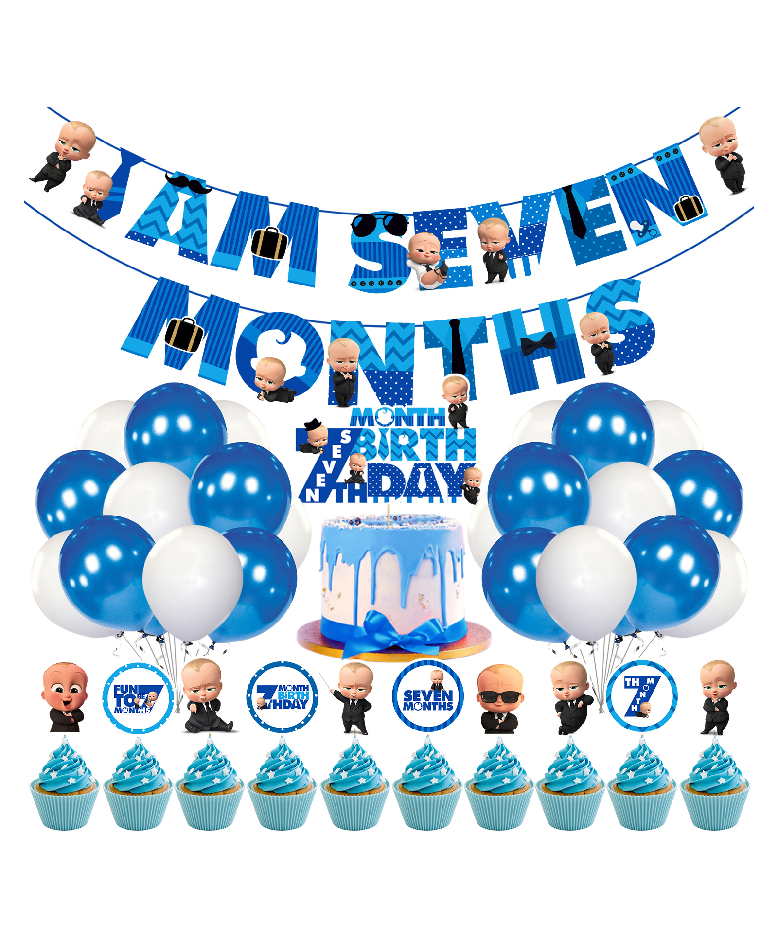 Zyozi Boss Baby 7th Month Birthday Decoration Items for Baby Boy, Blue - Pack of 37-picture-11