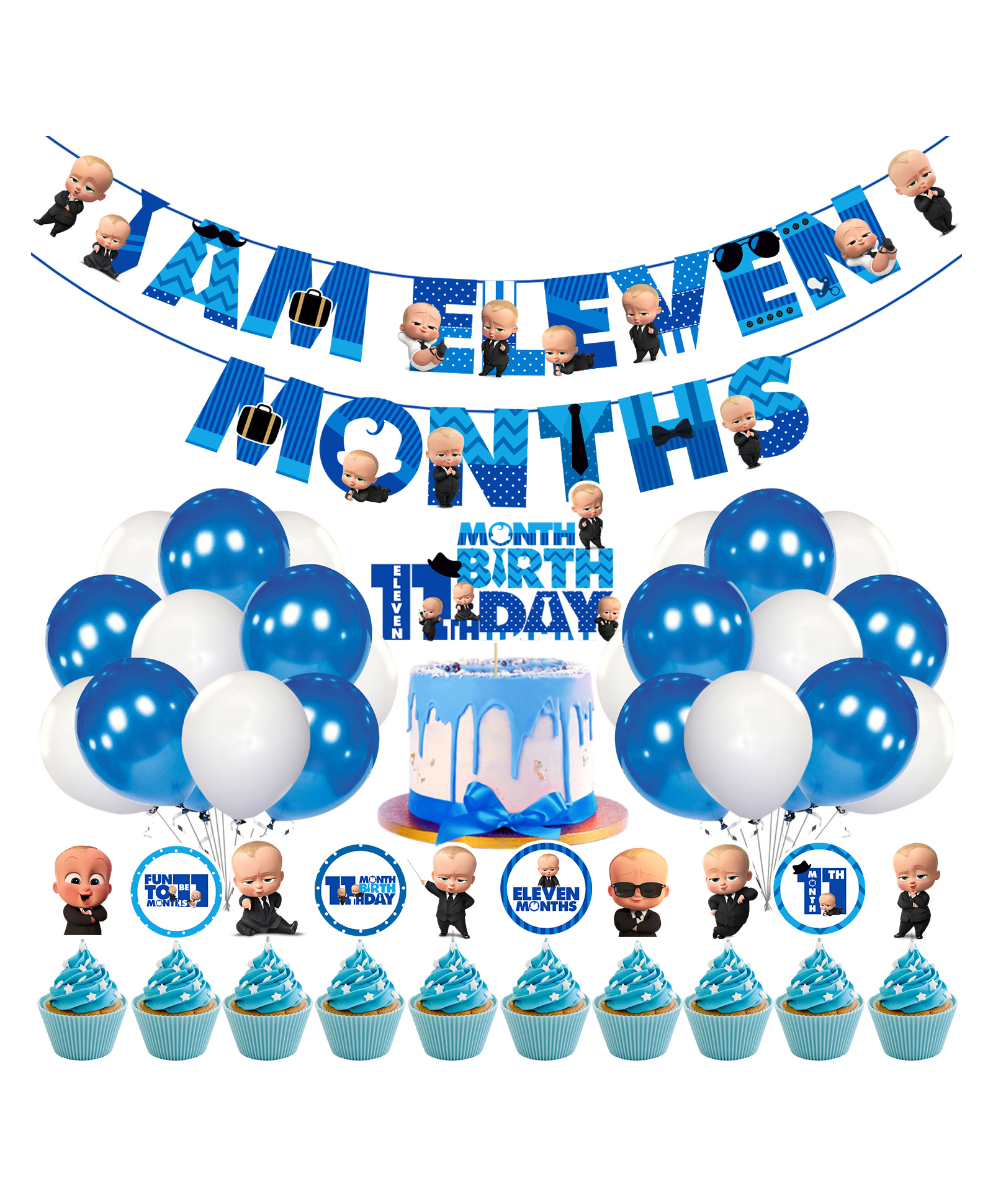 Zyozi Boss Baby 11th Month Birthday Decoration Items for Baby Boy, Blue - Pack of 37-picture-29