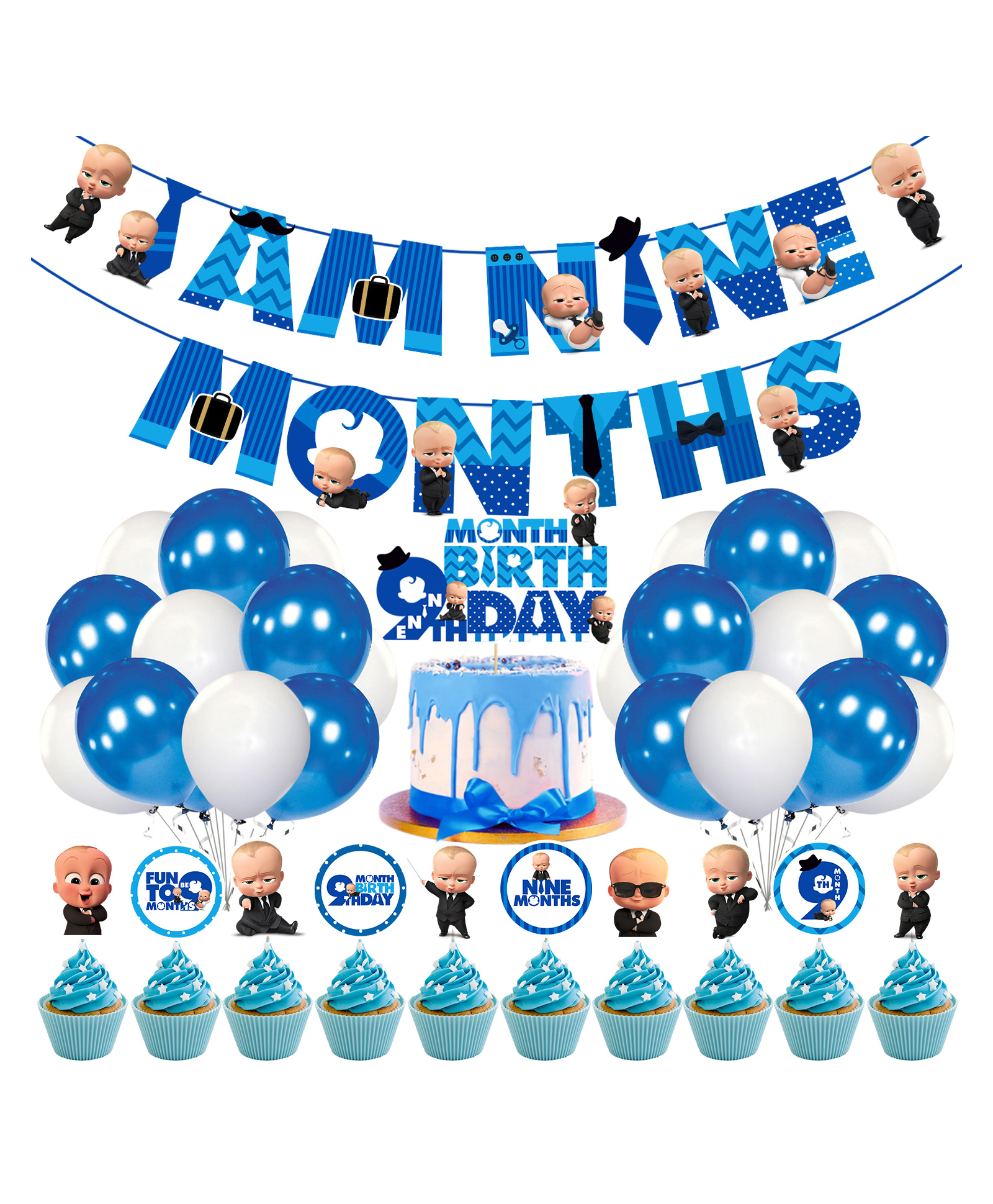 Zyozi Boss Baby 9th Month Birthday Decoration Items for Baby Boy, Blue - Pack of 37-picture-14