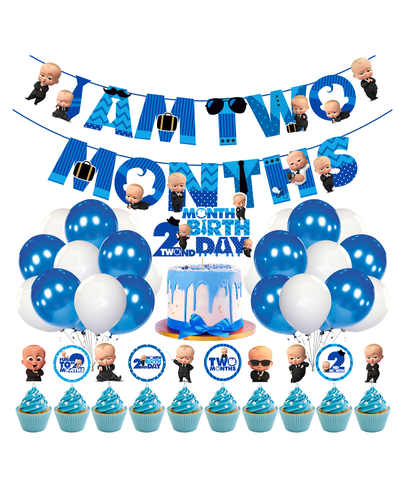 Zyozi Boss Baby 2nd Month Birthday Decoration Items for Baby Boy, Blue - Pack of 37-picture-23