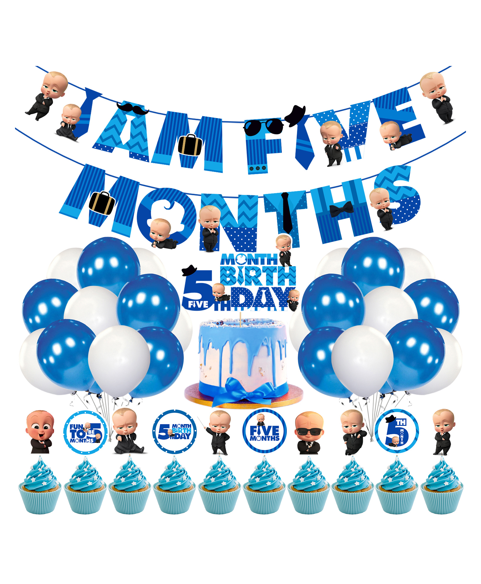 Zyozi Boss Baby 5th Month Birthday Decoration Items for Baby Boy, Blue - Pack of 37-picture-9
