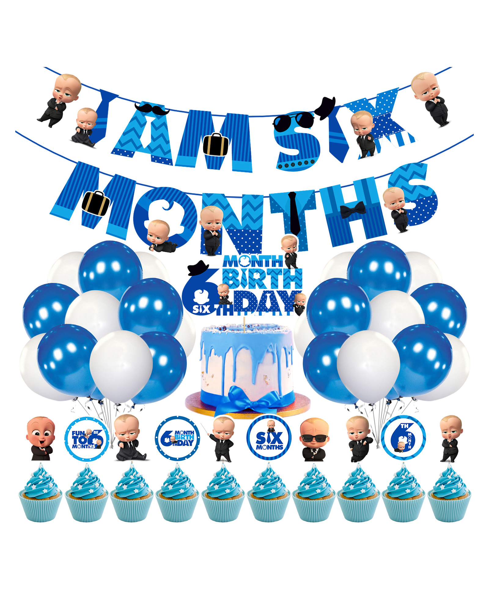 Zyozi Boss Baby 6th Month Birthday Decoration Items for Baby Boy, Blue - Pack of 37-picture-7