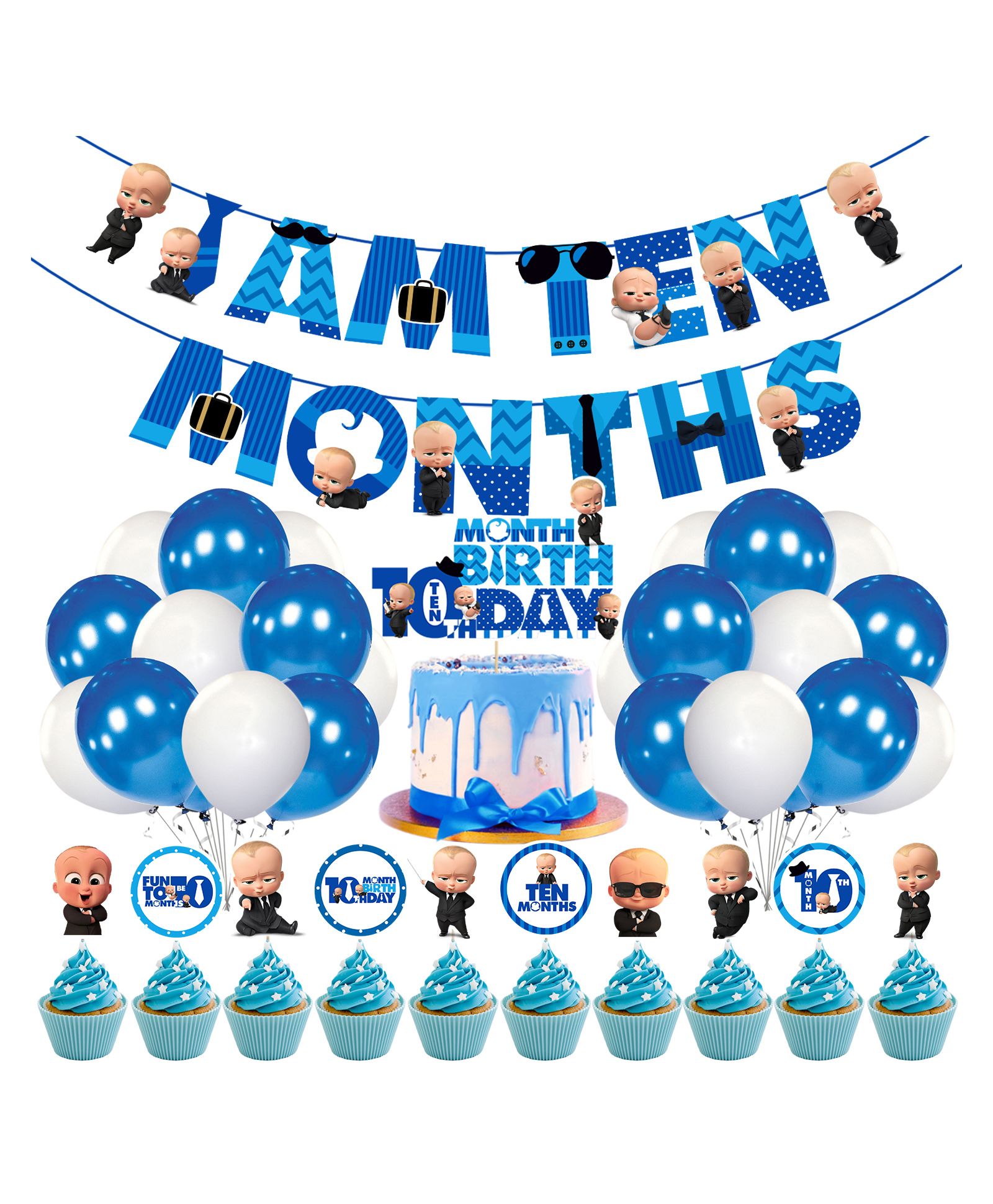 Zyozi Boss Baby 10th Month Birthday Decoration Items for Baby Boy, Blue - Pack of 37-picture-47