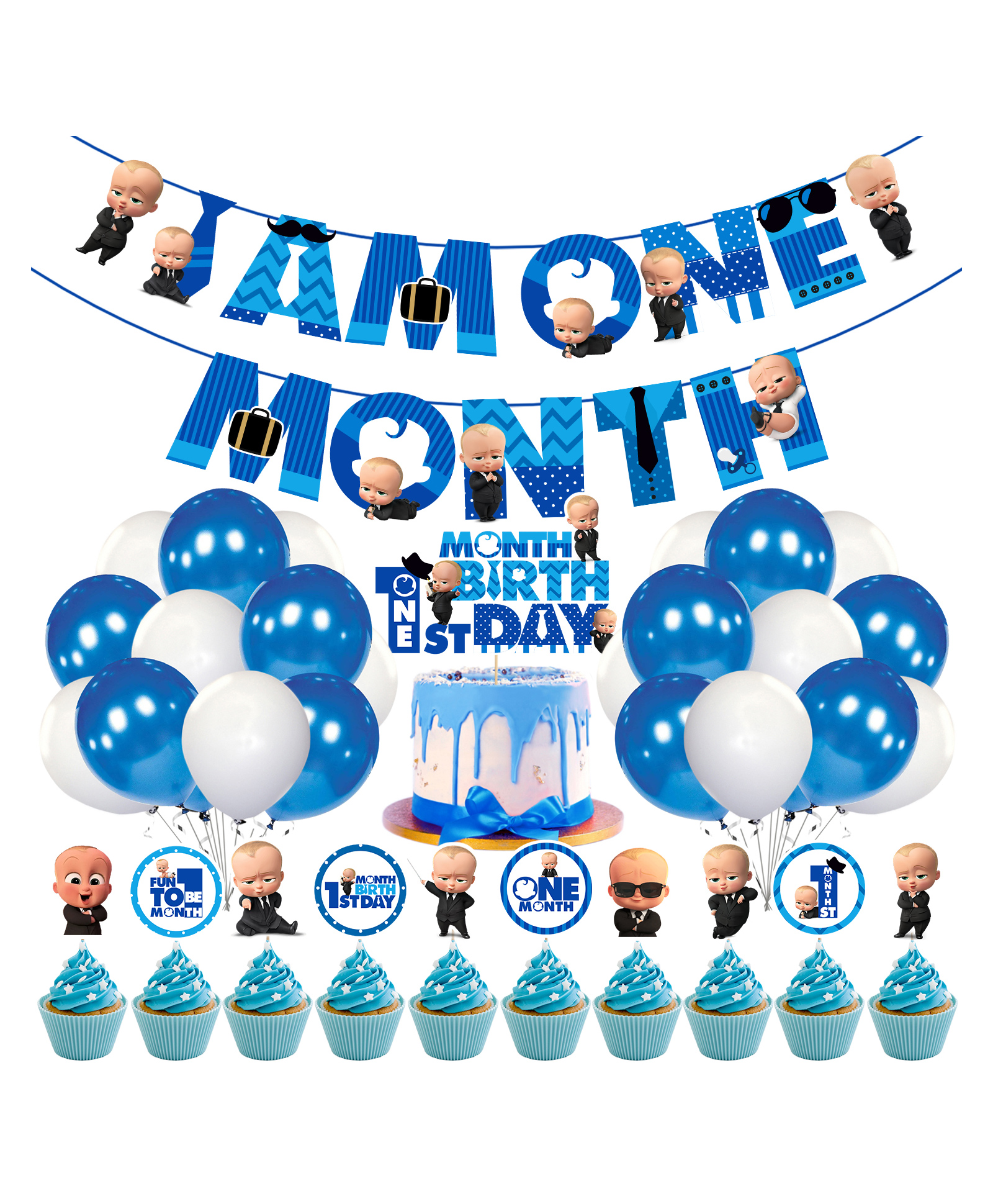 Zyozi Boss Baby 1st Month Birthday Decoration Items for Baby Boy, Blue - Pack of 37-picture-5