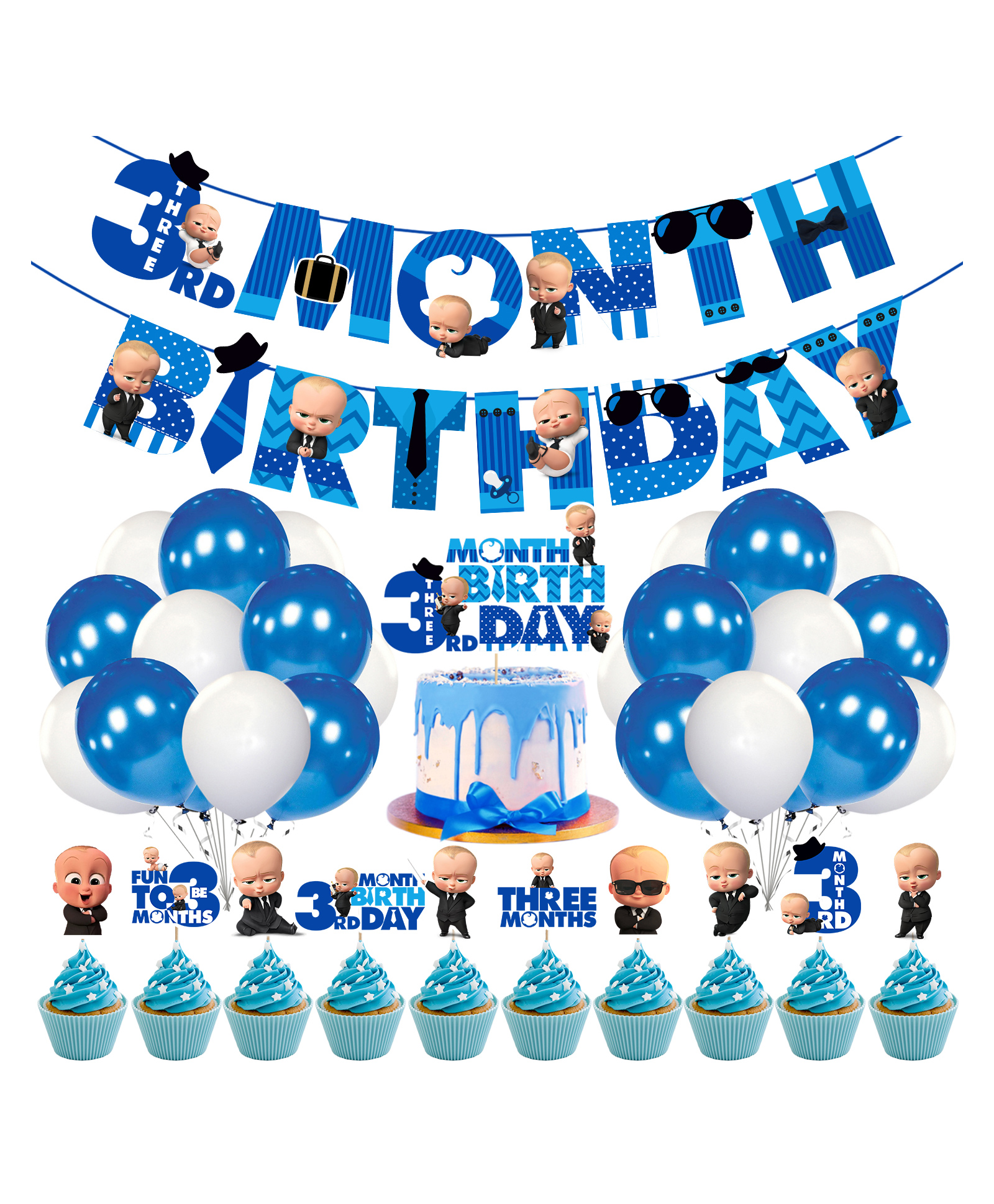 Zyozi Boss Baby 3rd Month Birthday Decoration Items for Baby Boy, Blue - Pack of 37-picture-1
