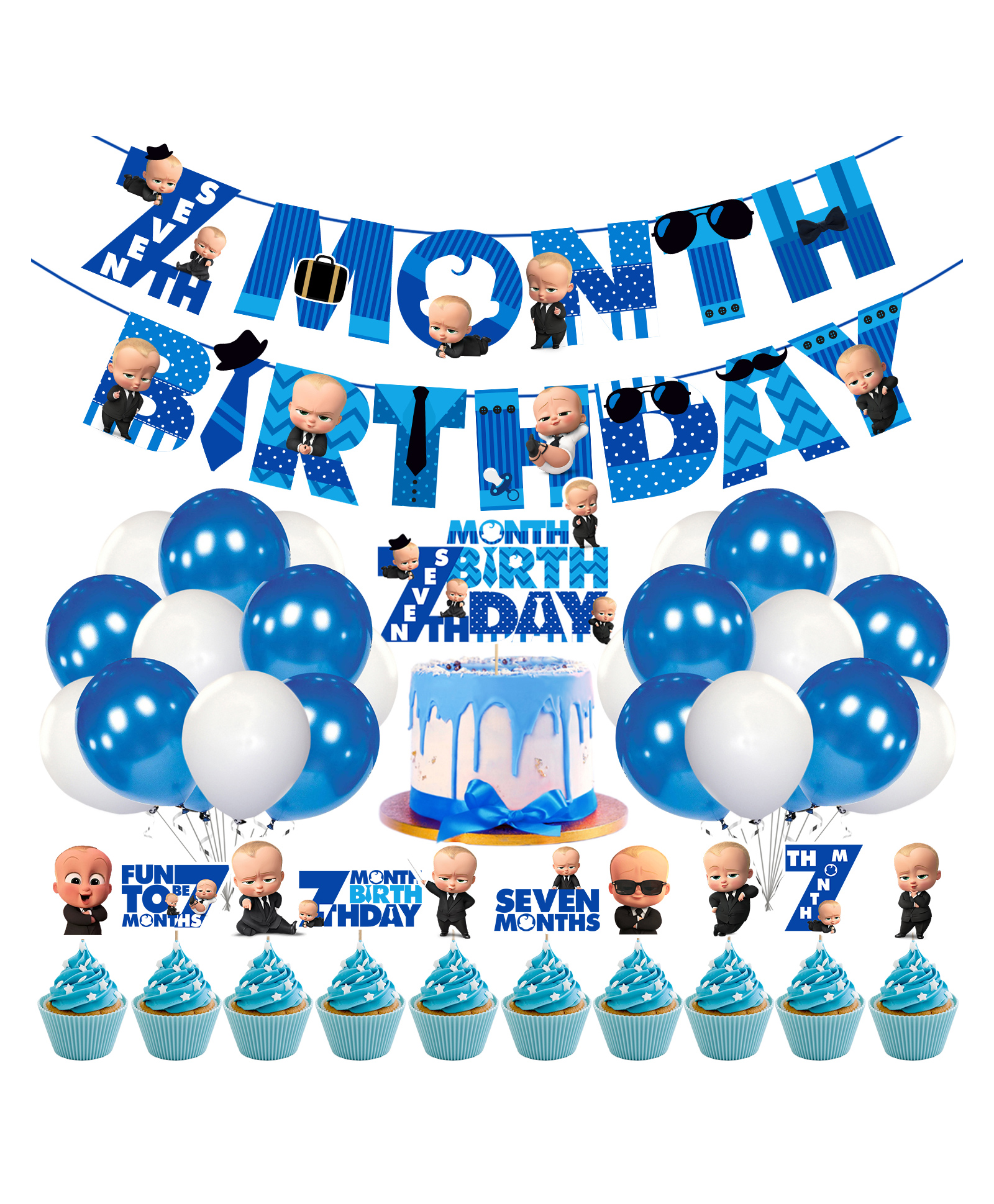 Zyozi Boss Baby 7th Month Birthday Decoration Items for Baby Boy, Blue - Pack of 37-picture-3