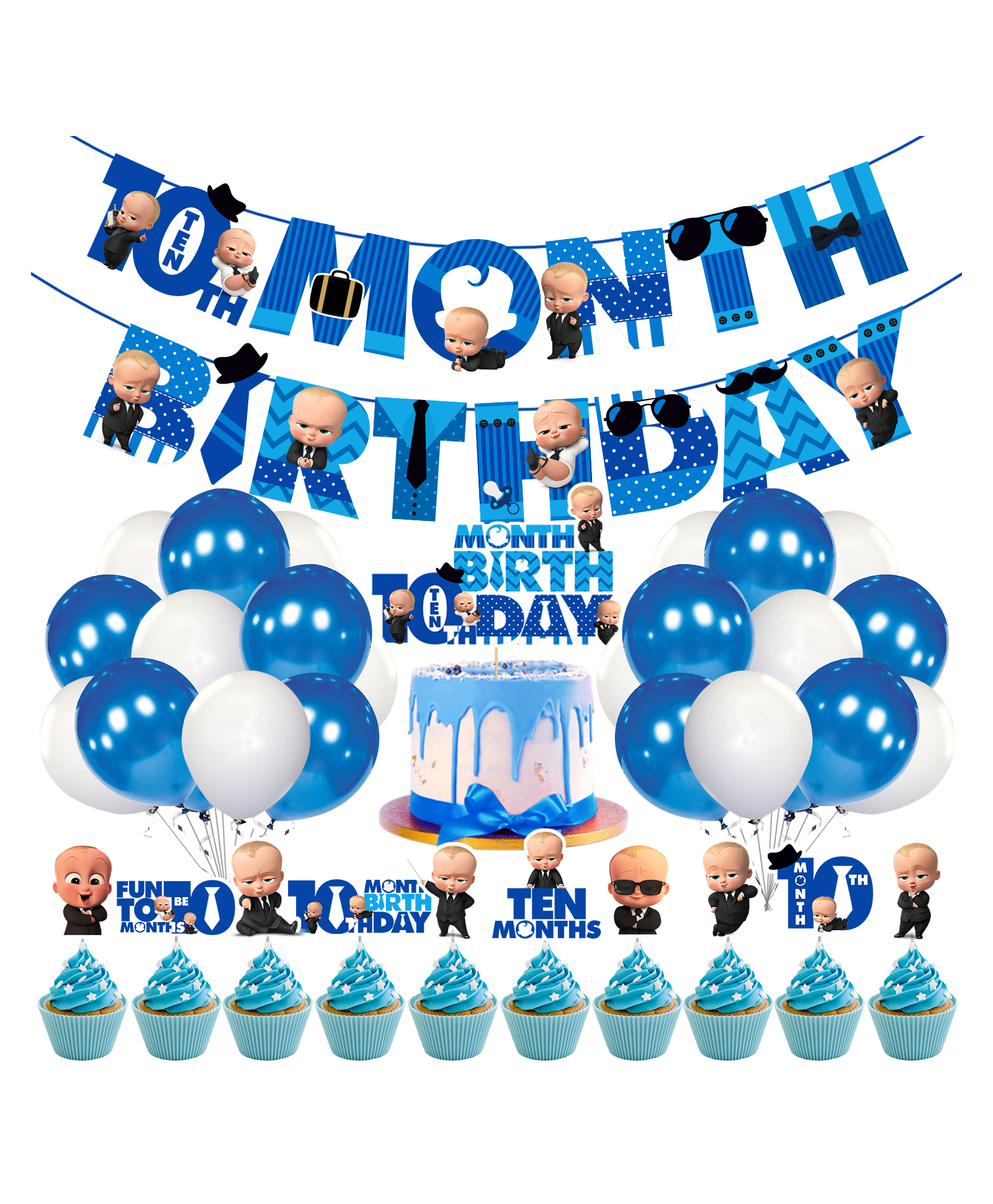 Zyozi Boss Baby 10th Month Birthday Decoration Items for Baby Boy, Blue - Pack of 37-picture-0