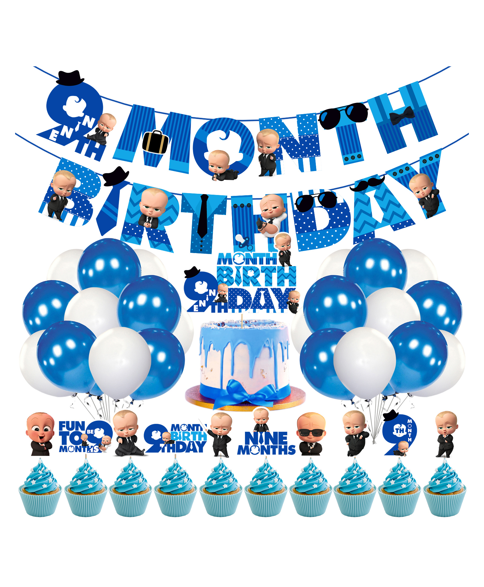 Zyozi Boss Baby 9th Month Birthday Decoration Items for Baby Boy, Blue - Pack of 37-picture-4