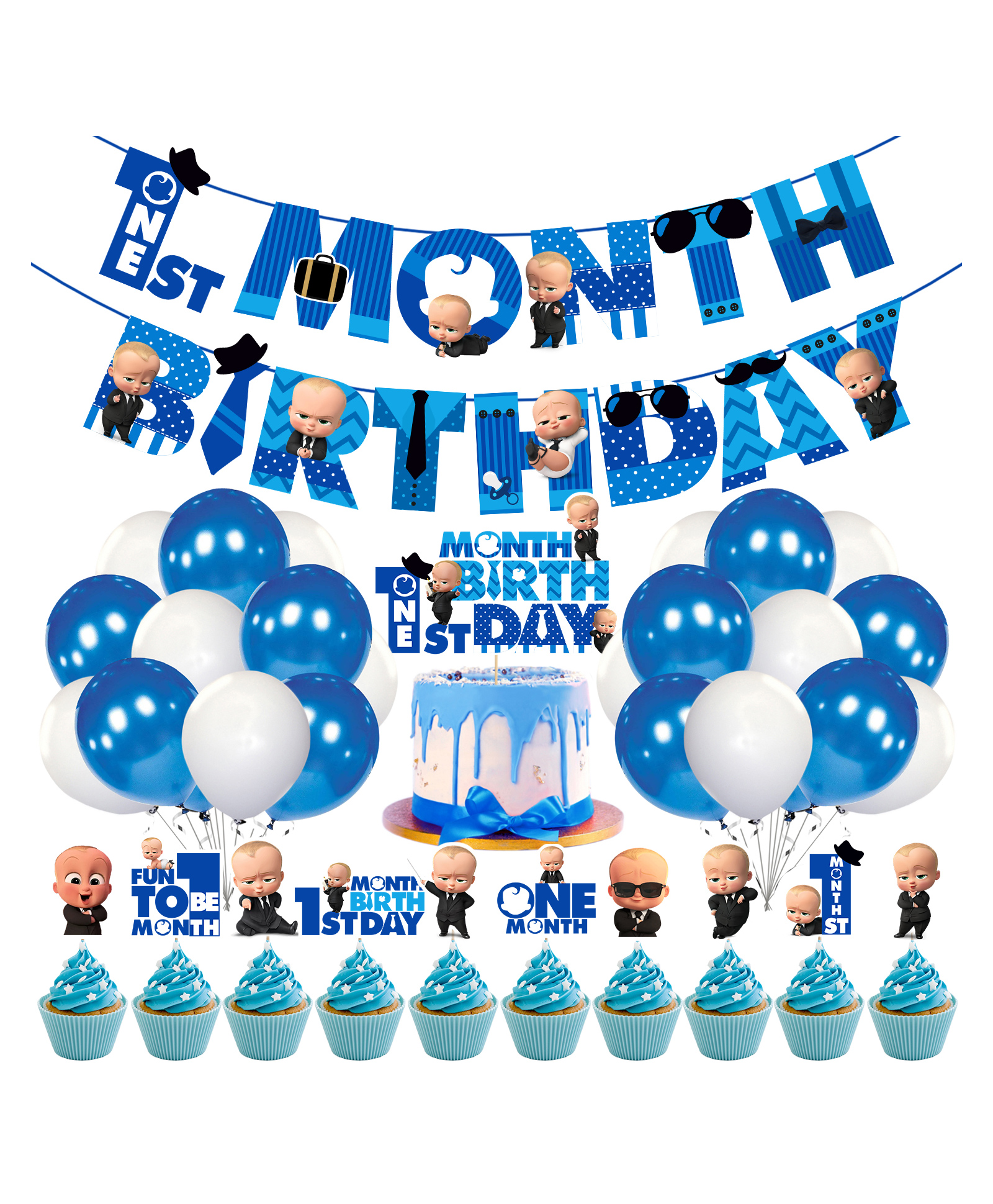 Zyozi Boss Baby 1st Month Birthday Decoration Items for Baby Boy, Blue - Pack of 37-picture-2