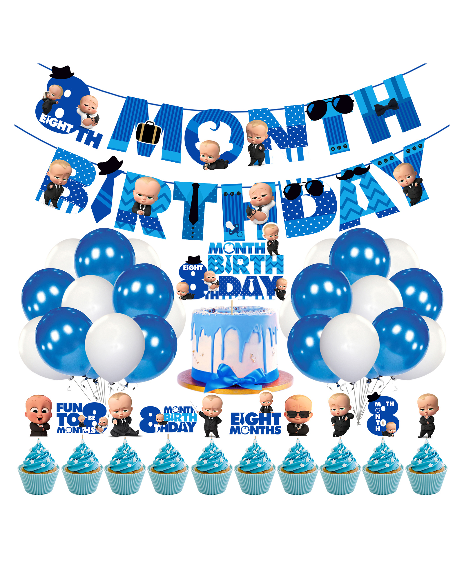 Zyozi Boss Baby 8th Month Birthday Decoration Items for Baby Boy, Blue - Pack of 37-picture-49