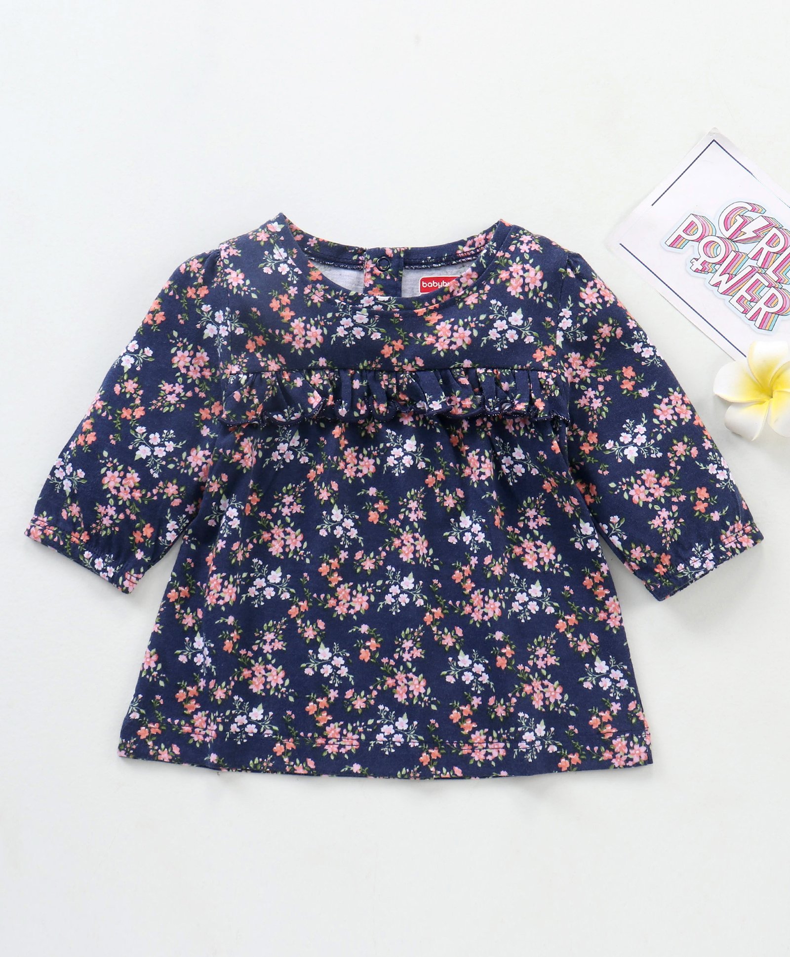 Babyhug Three Forth Sleeves Floral Print With Frill Detail Top - Blue-image-6