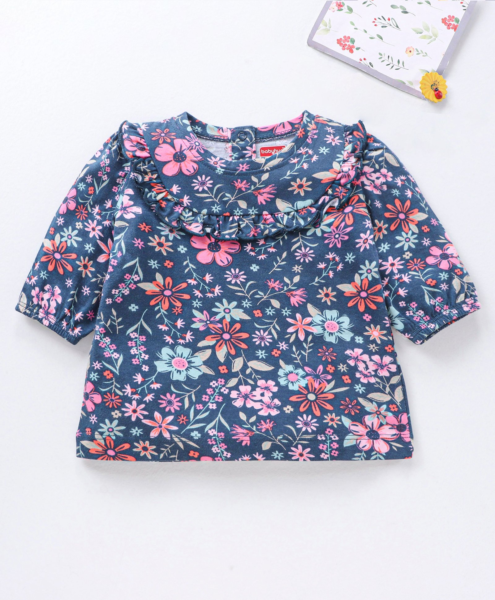 Babyhug Three Forth Sleeves Flower Print With Frill Detailing Top - Blue-image-5