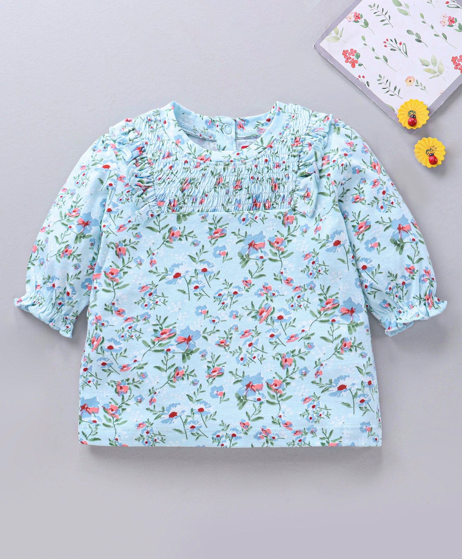 Babyhug Three Forth Sleeves Flower Print With Smocking & Frill Detailing Top - Blue-image-7
