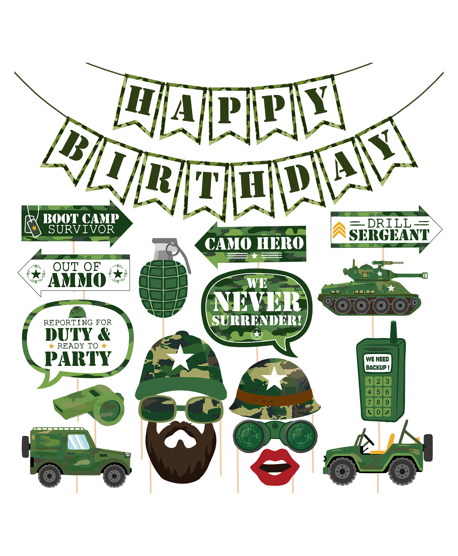 Zyozi Army Theme Selfie Props Military Photography Backdrop Decorations Green - Pack of 19-picture-47