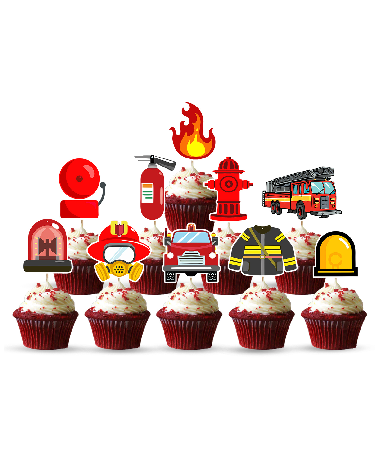 Zyozi Fire Truck Birthday Decoration Supplies, Fire Truck Birthday Cup Cake Topper, Multicolour - Pack of 10-picture-15