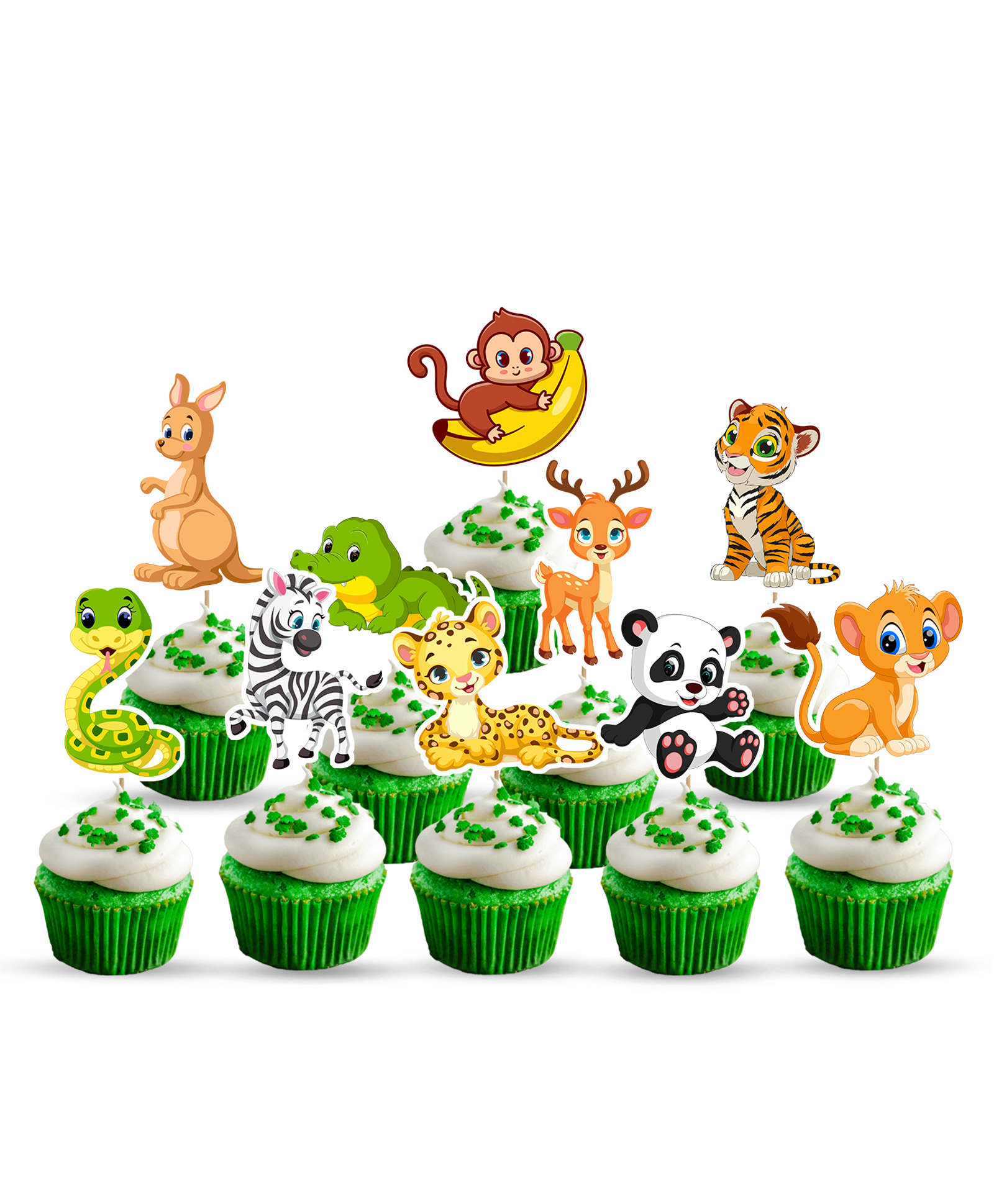 Zyozi Animals Birthday Cup Cake Topper for Wild Birthday Decorations, Green - Pack of 10-image-29