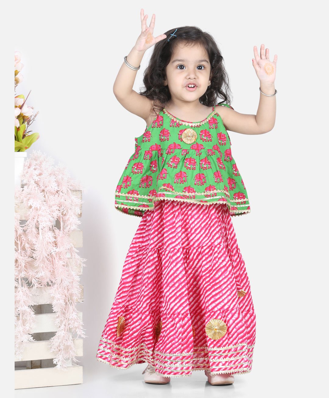 Bownbee Sleeveless Elephant Print Top With Leheriya Design Lehenga - Green-image-41