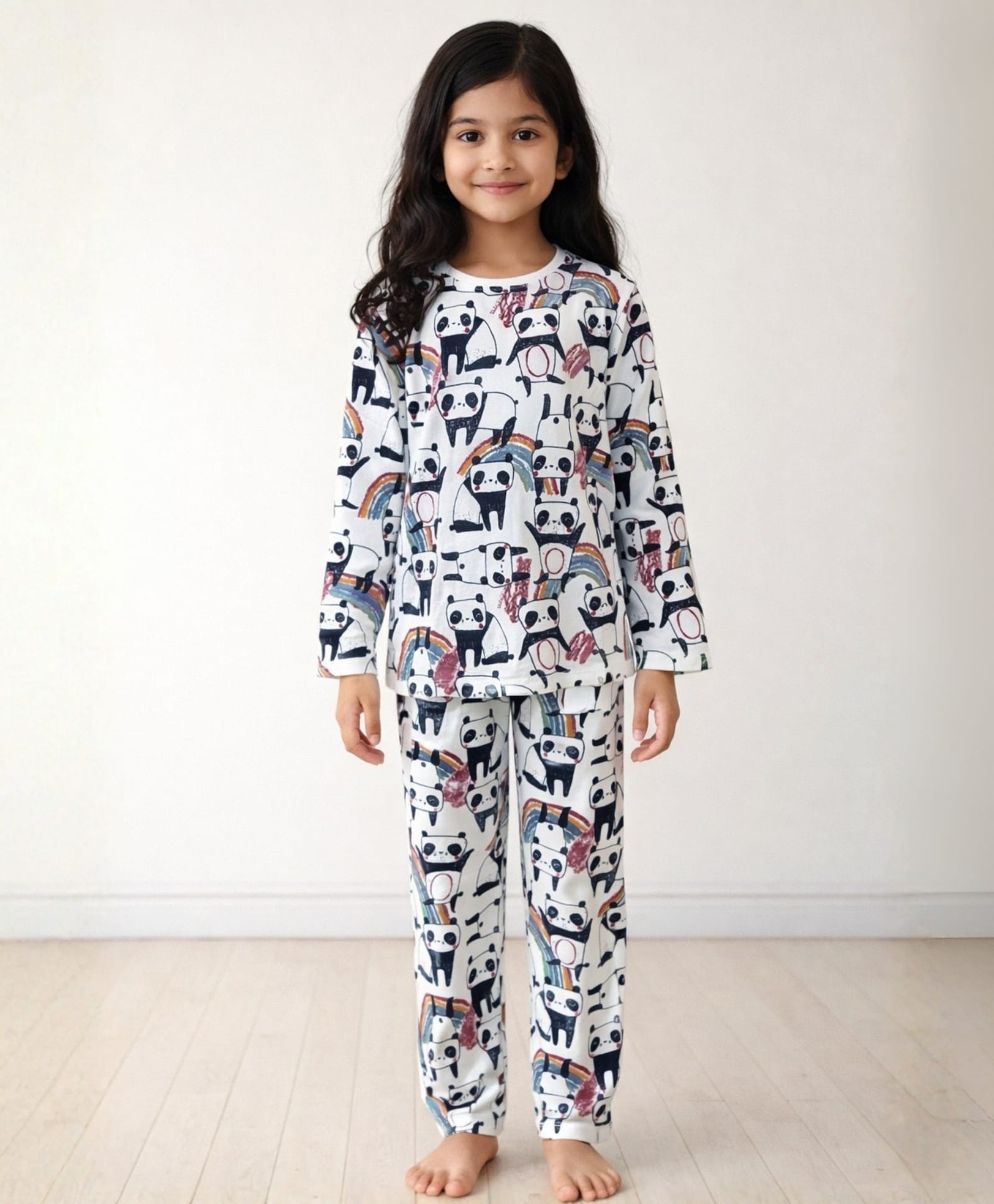 Anthrilo Full Sleeves All Over Panda & Rainbow Printed Night Suit - Peach-image-5