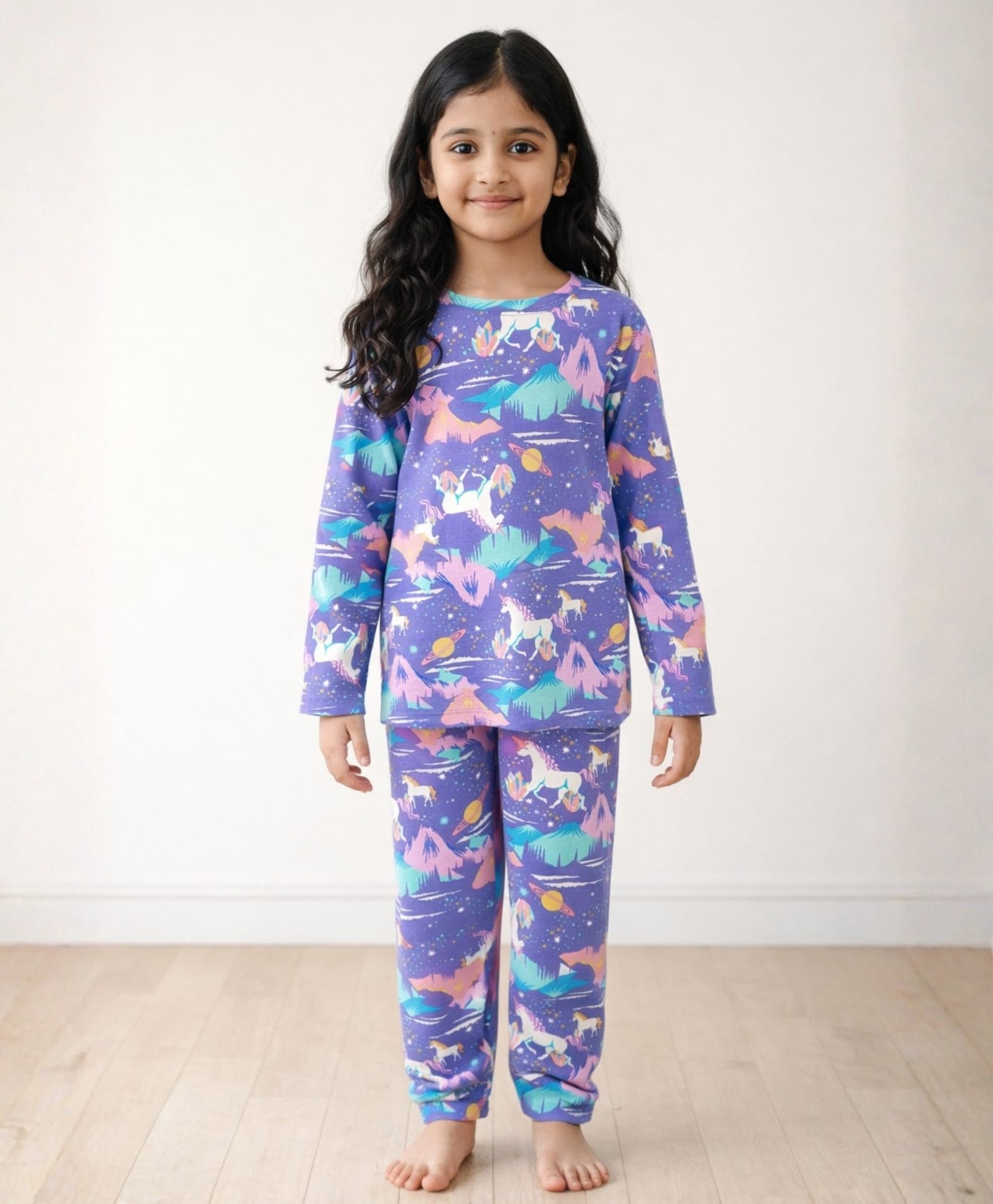 Anthrilo Full Sleeves Unicorn Universe Printed Night Suit - Purple-image-36