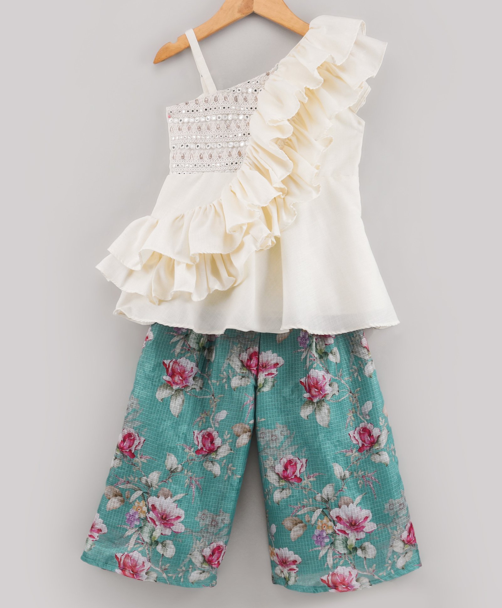 Twisha Sleeveless Ruffle And Mirror Work Embroidered One Shoulder Top With Floral And Checkered Palazzo - Off White-image-45
