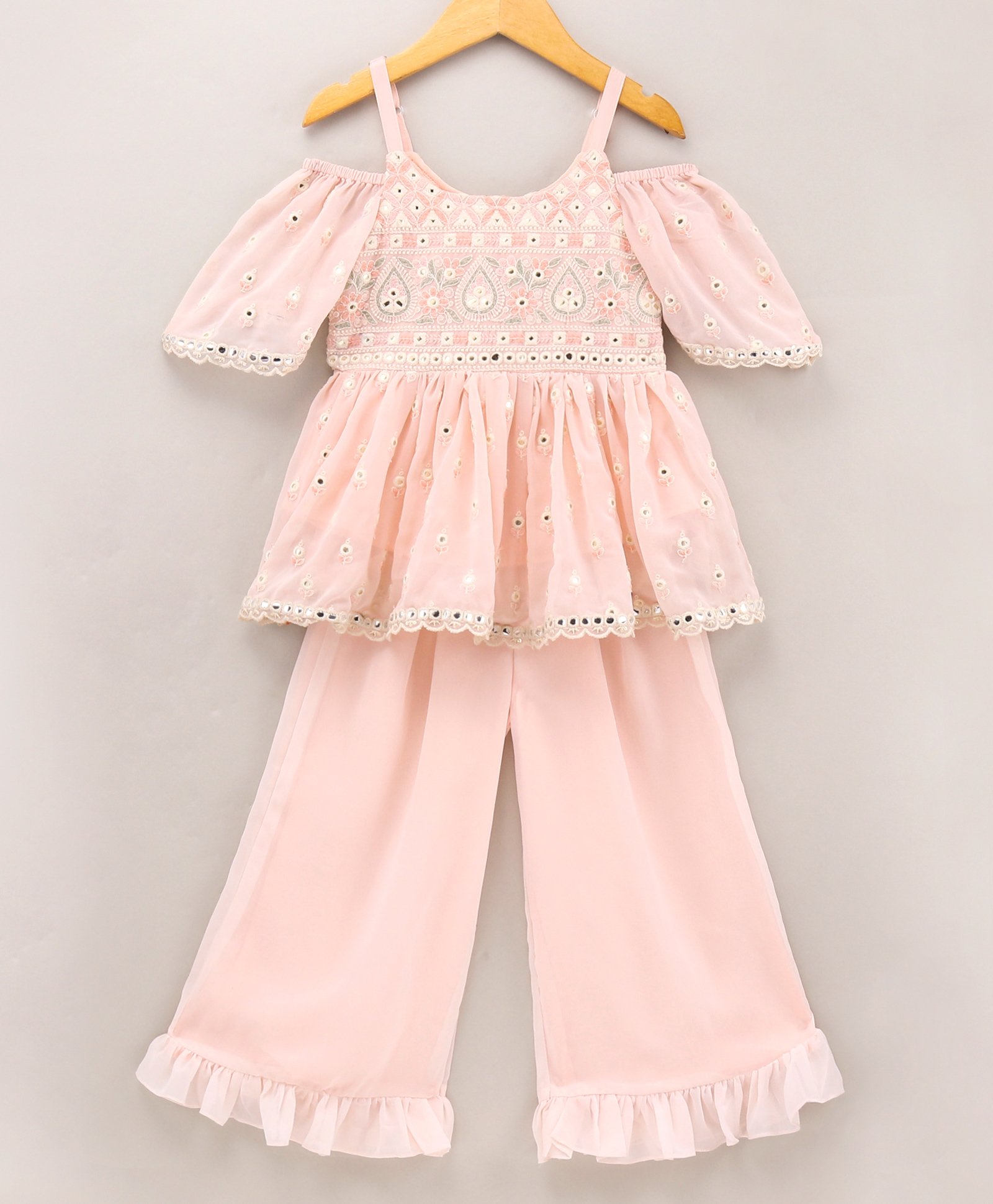 Twisha Half Cold Shoulder Sleeves All Over Floral Embroidered Peplum Kurta With Ruffled Sharara - Baby Pink-image-25