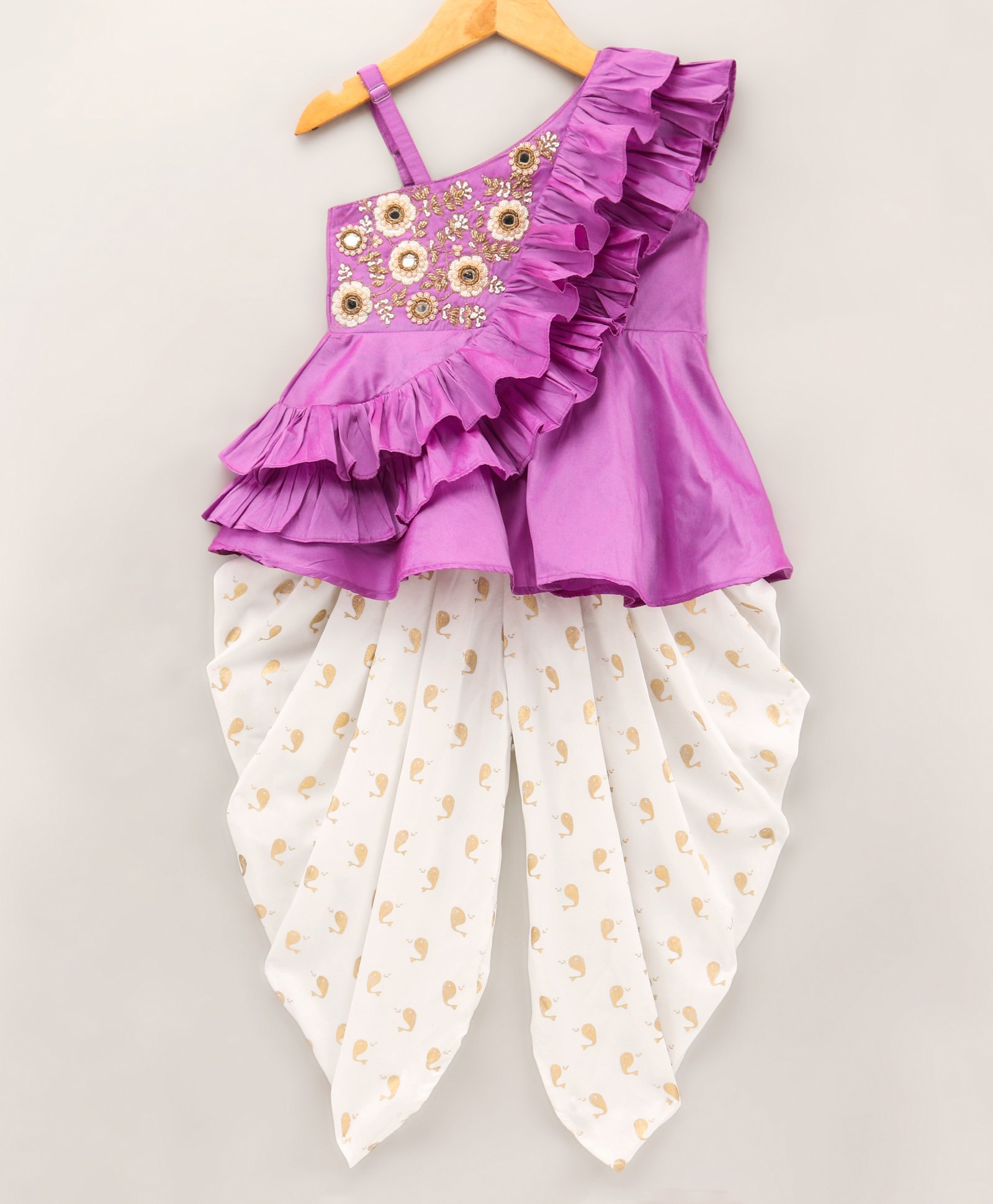 Twisha Sleeveless Floral Bead Detailed & Mirror Work Embellished Ruffled Peplum Style Kurta With All Over Printed Dhoti - Mauve-image-37