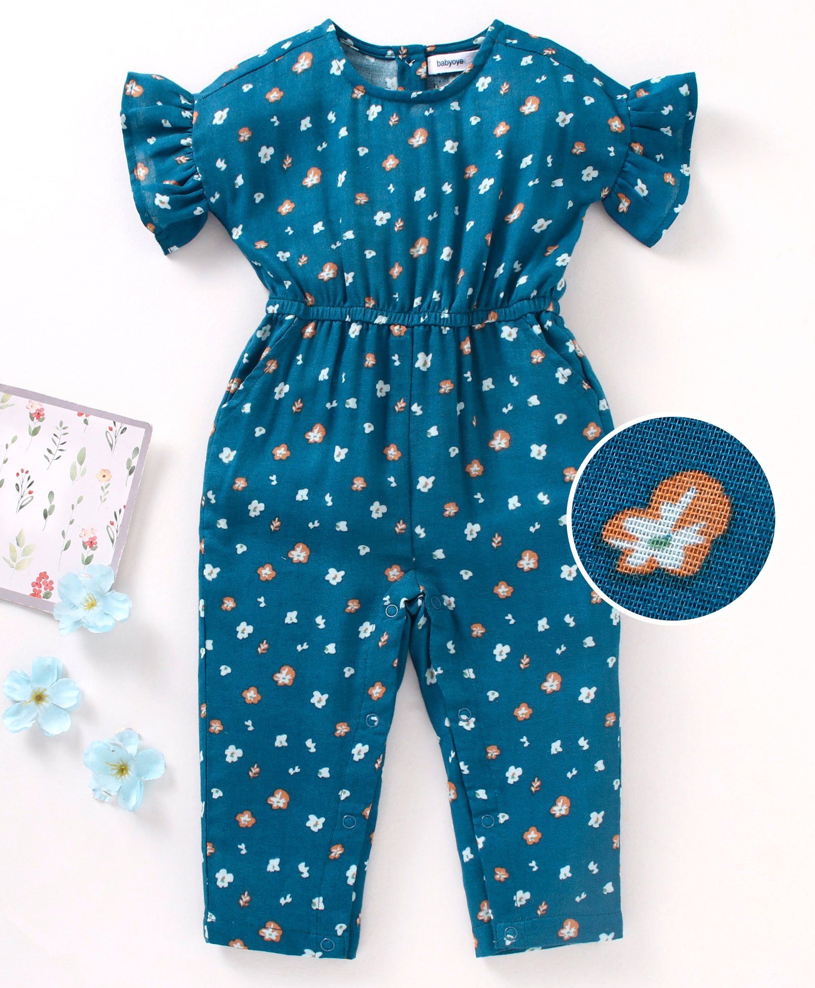Babyoye Half Sleeves Double Gauze Jumpsuit Flower Print - Blue-image-24