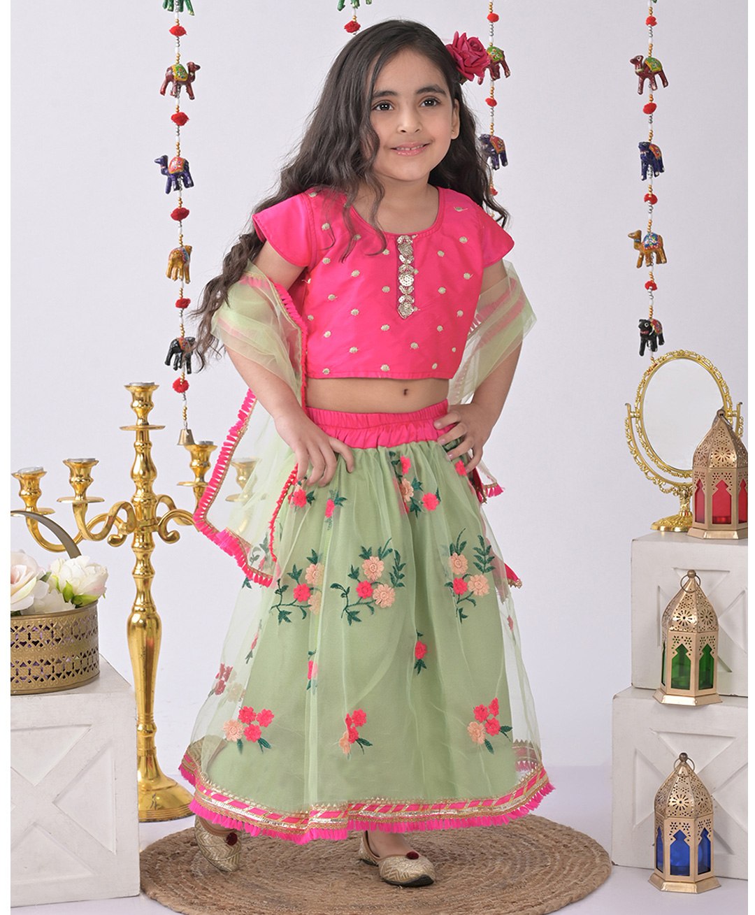 Kinder Short Frill Sleeves Lace Work Detail Top With Embroidered Net Lehenga And Dupatta  - Pink & Green-image-44