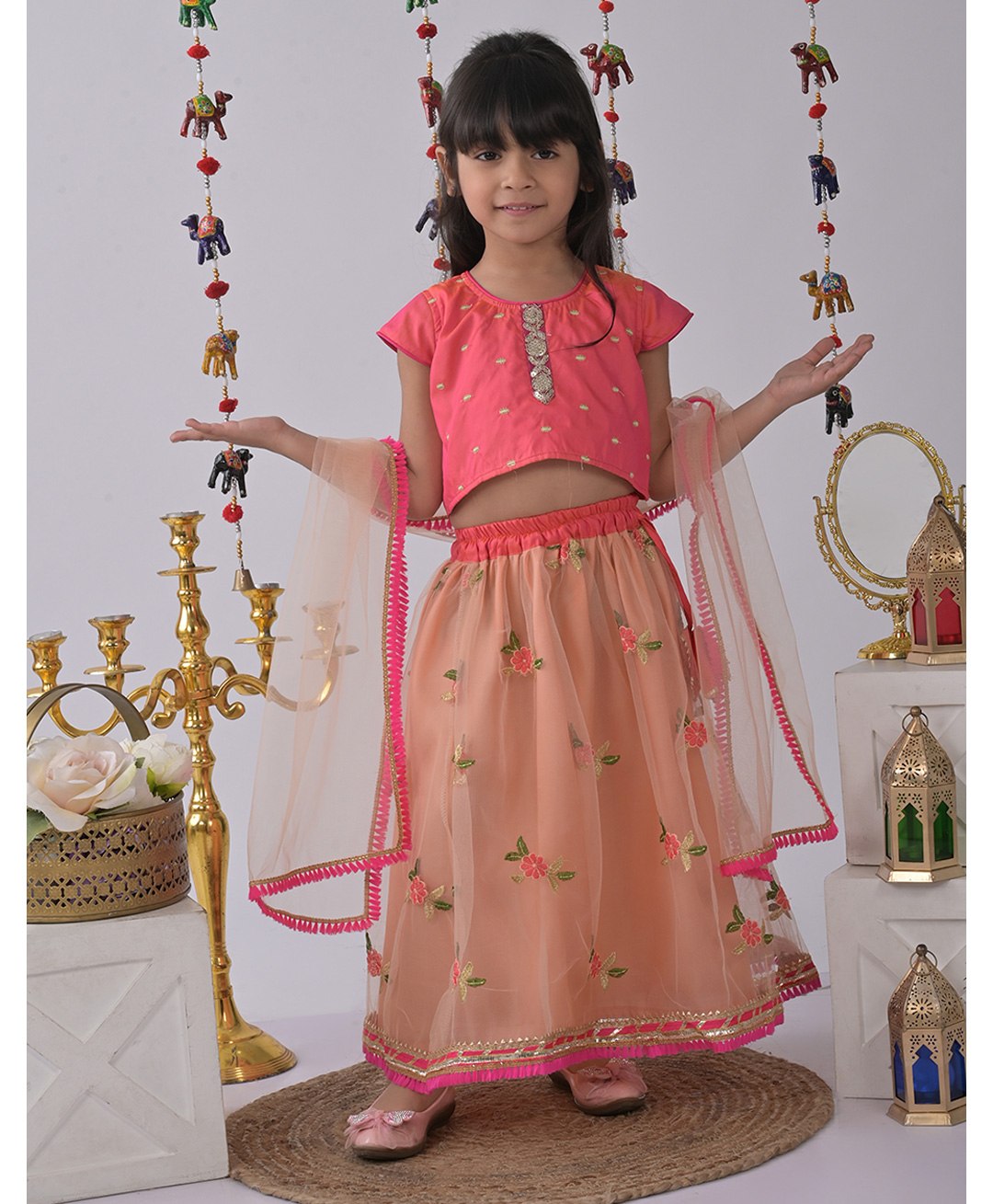 Kinder Kids Short Frill Sleeves Lace Work Detail Choli With Embroidered Net Lehenga And Dupatta - Peach & Pink-image-32
