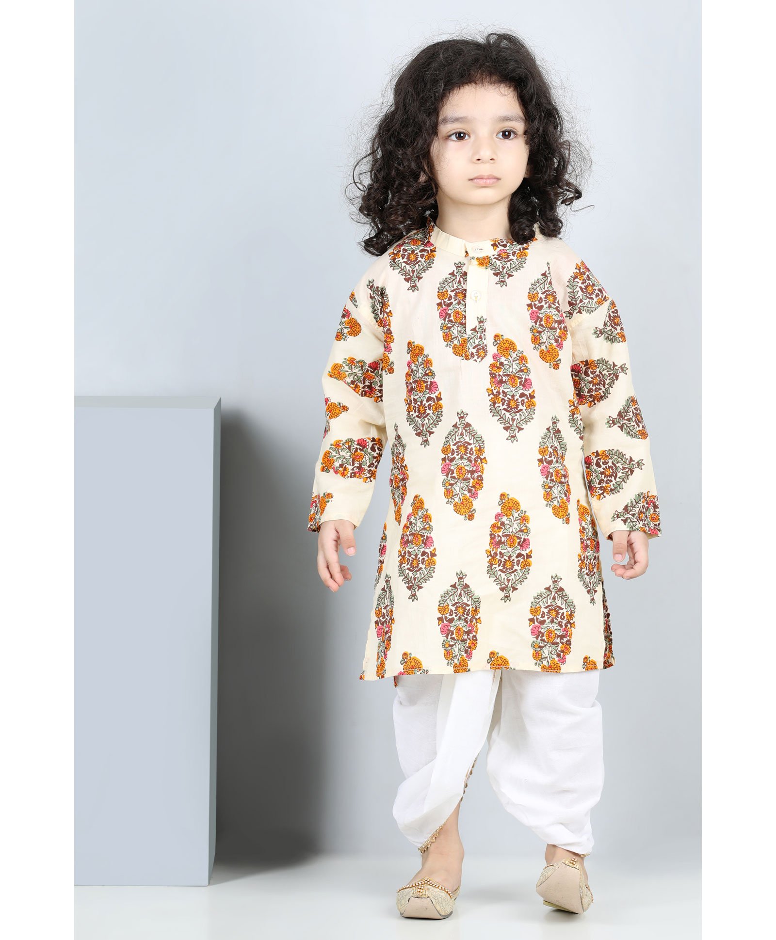 AJ Dezines Full Sleeves Seamless Jaipuri Floral Motif Printed Kurta With Dhoti - Cream-picture-8