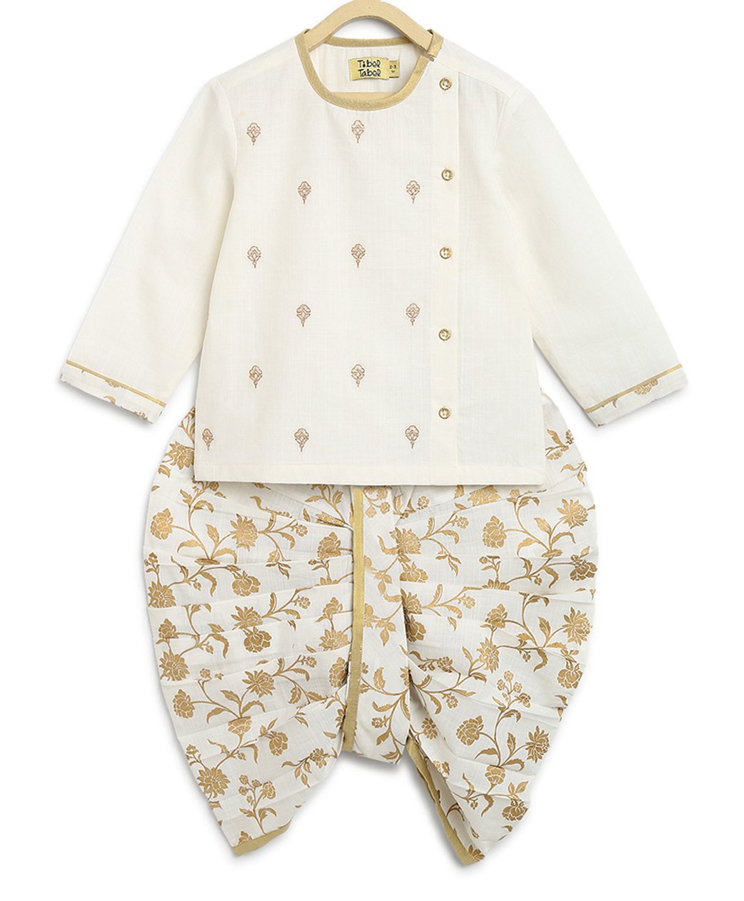 Tiber Taber Full Sleeves Motif Embroidered Kurta With Floral Print Dhoti - White-picture-3