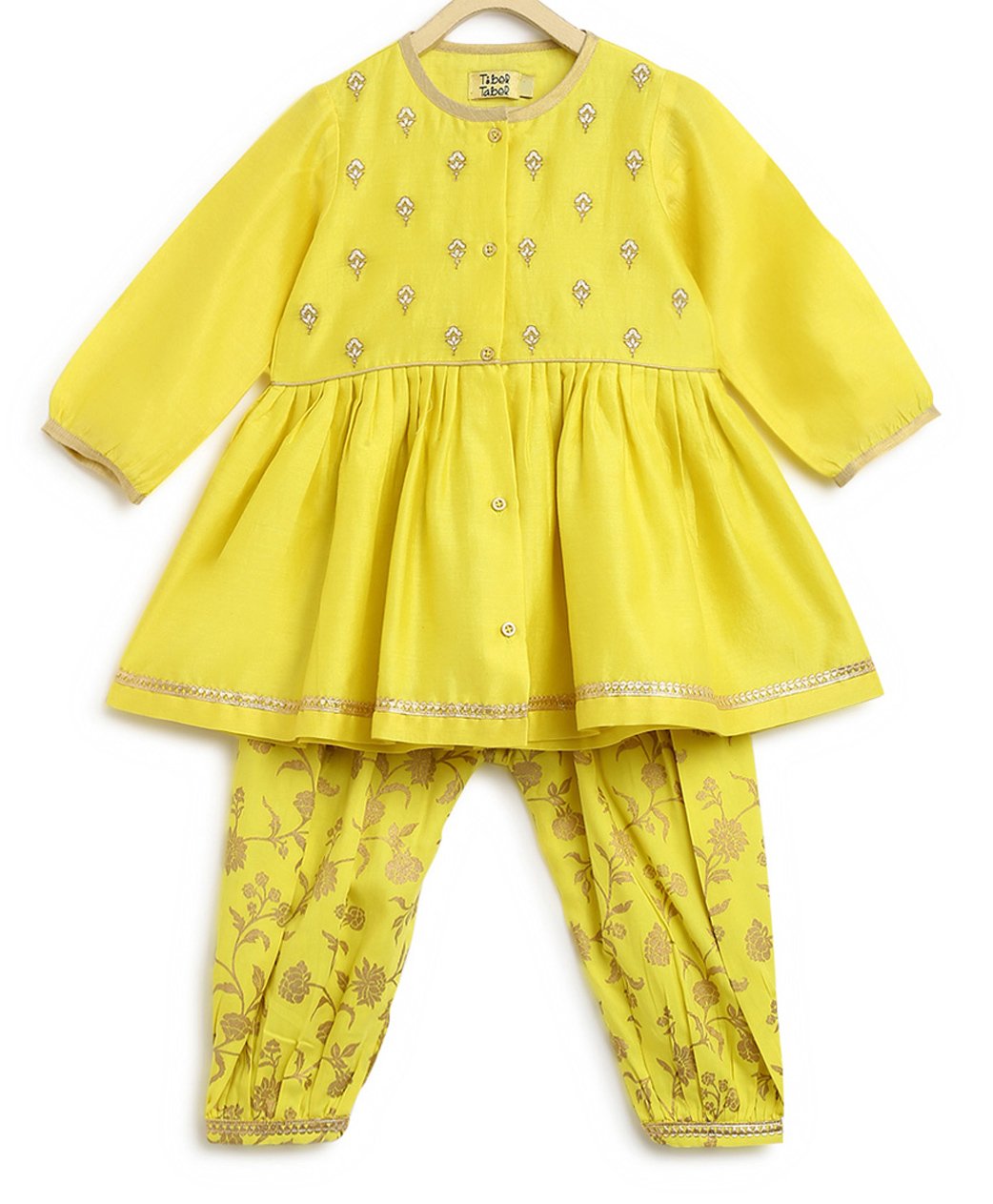 Tiber Taber Full Sleeves Chanderi Embroidered Angrakha Kurta With Floral Foil Print Salwar - Yellow-image-28