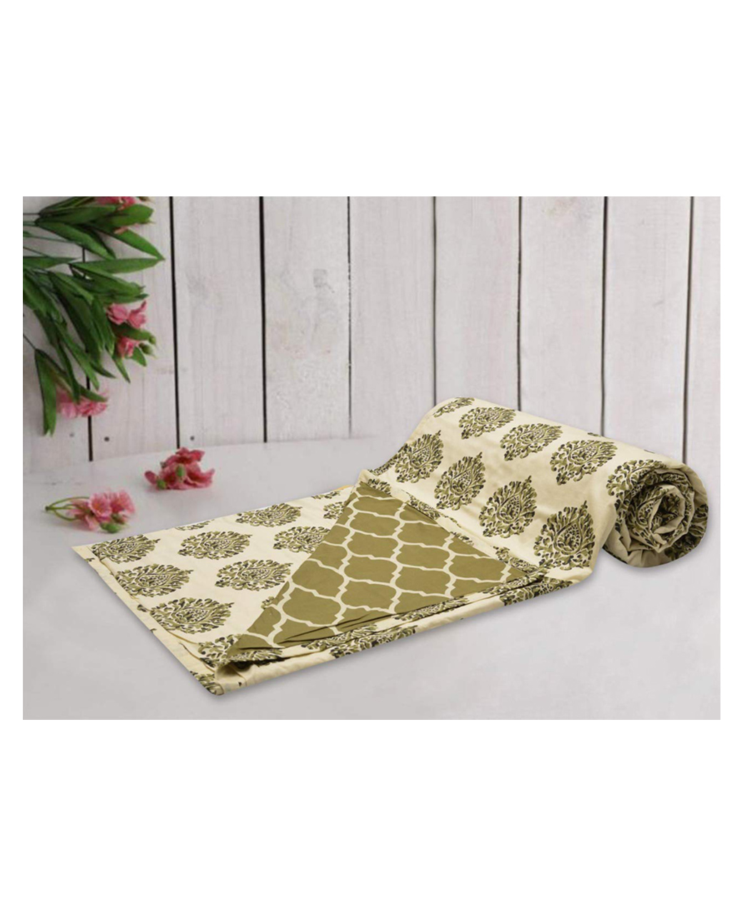 Trance Home Linen Pure Cotton Reversible Dohar Single Bed Size AC Blanket - Damask Forest Green-image-49