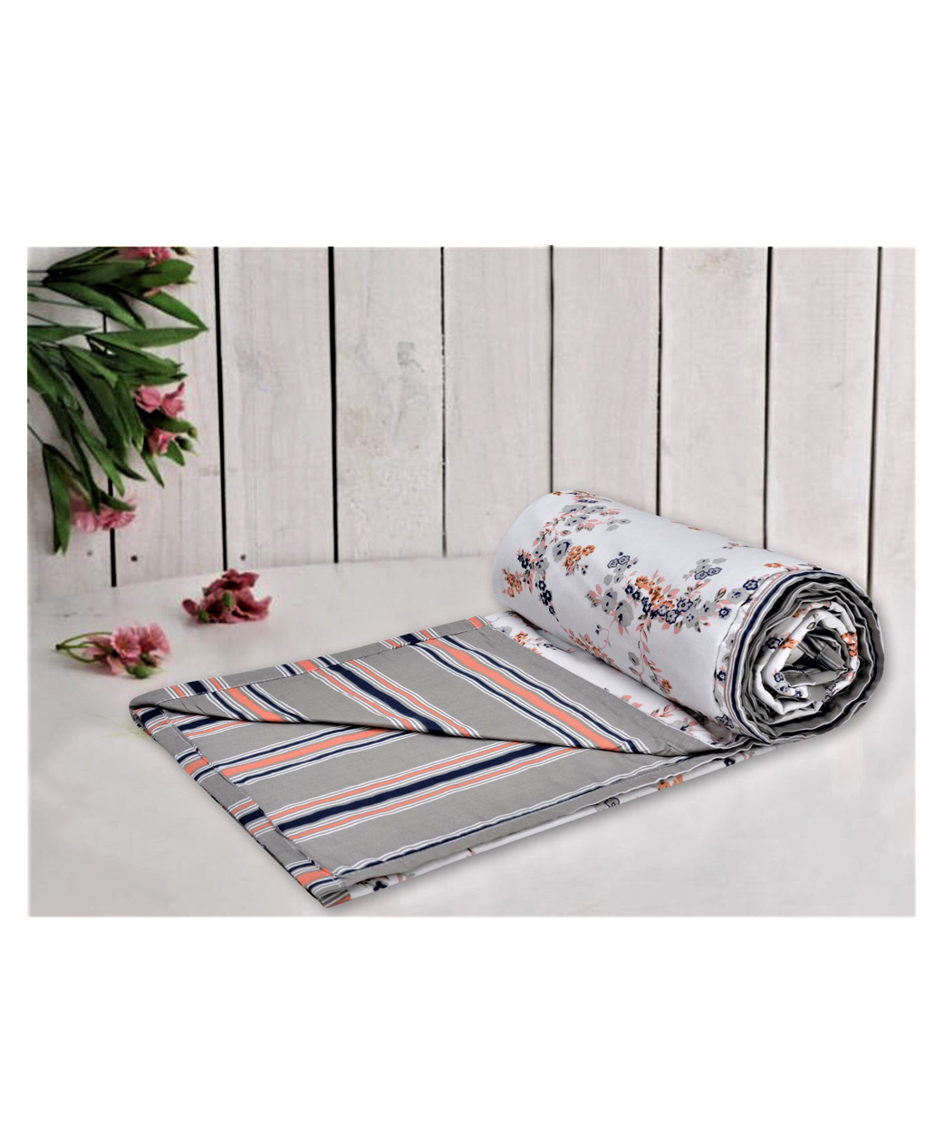 Trance Home Linen Pure Cotton Reversible Dohar Single Bed Size AC Blanket - Grey Peach-picture-10