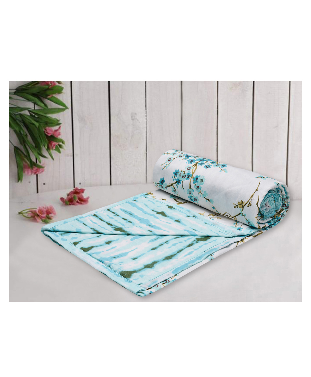 Trance Home Linen Pure Cotton Reversible Dohar Single Bed Size AC Blanket - Akira Turquoise-image-41