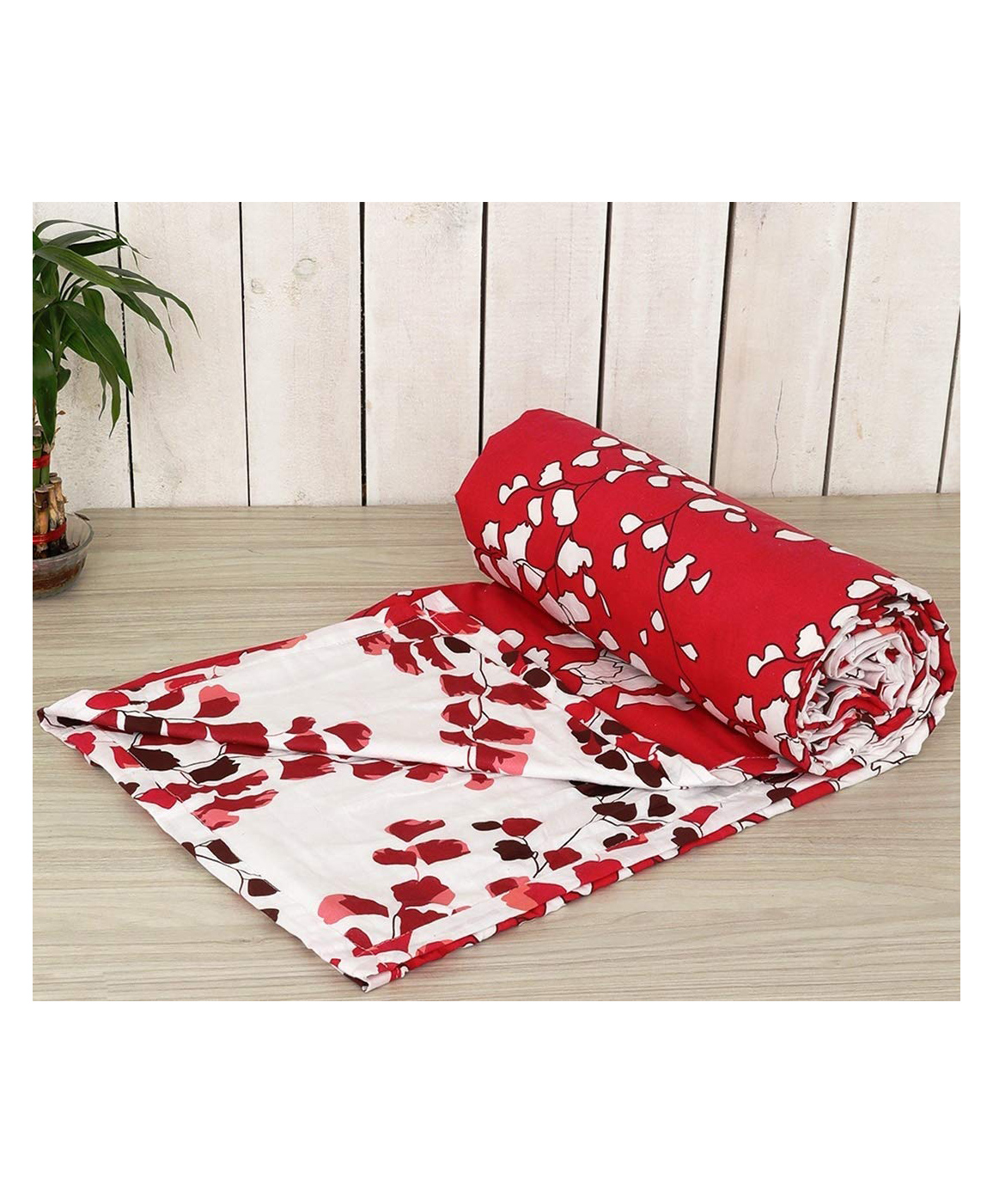 Trance Home Linen Pure Cotton Reversible Dohar Double Bed Size AC Blanket Soft Light Weight Bed Blanket - Red White Leaves-picture-48