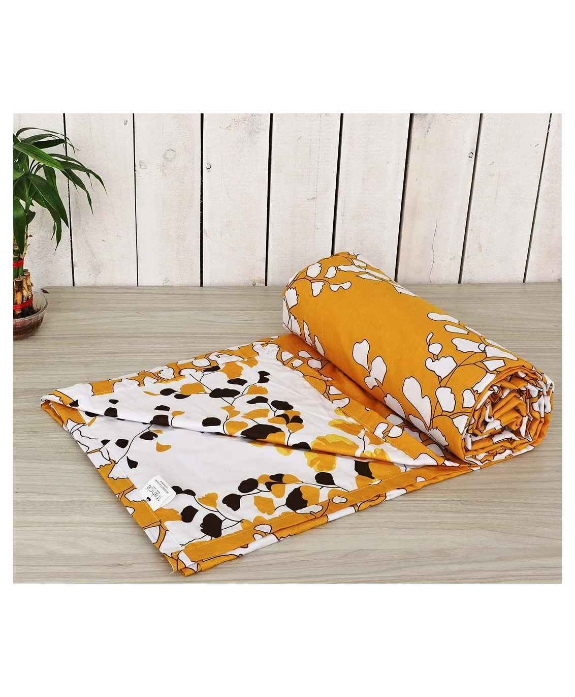 Trance Home Linen Pure Cotton Reversible Dohar Double Bed Size AC Blanket Soft Light Weight Bed Blanket - Mustard White Leaves-picture-3