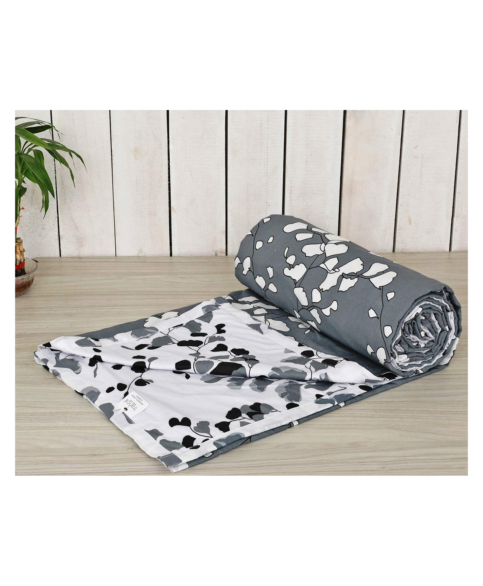 Trance Home Linen Pure Cotton Reversible Dohar Double Bed Size AC Blanket Soft Light Weight Bed Blanket - Grey White Leaves-picture-19