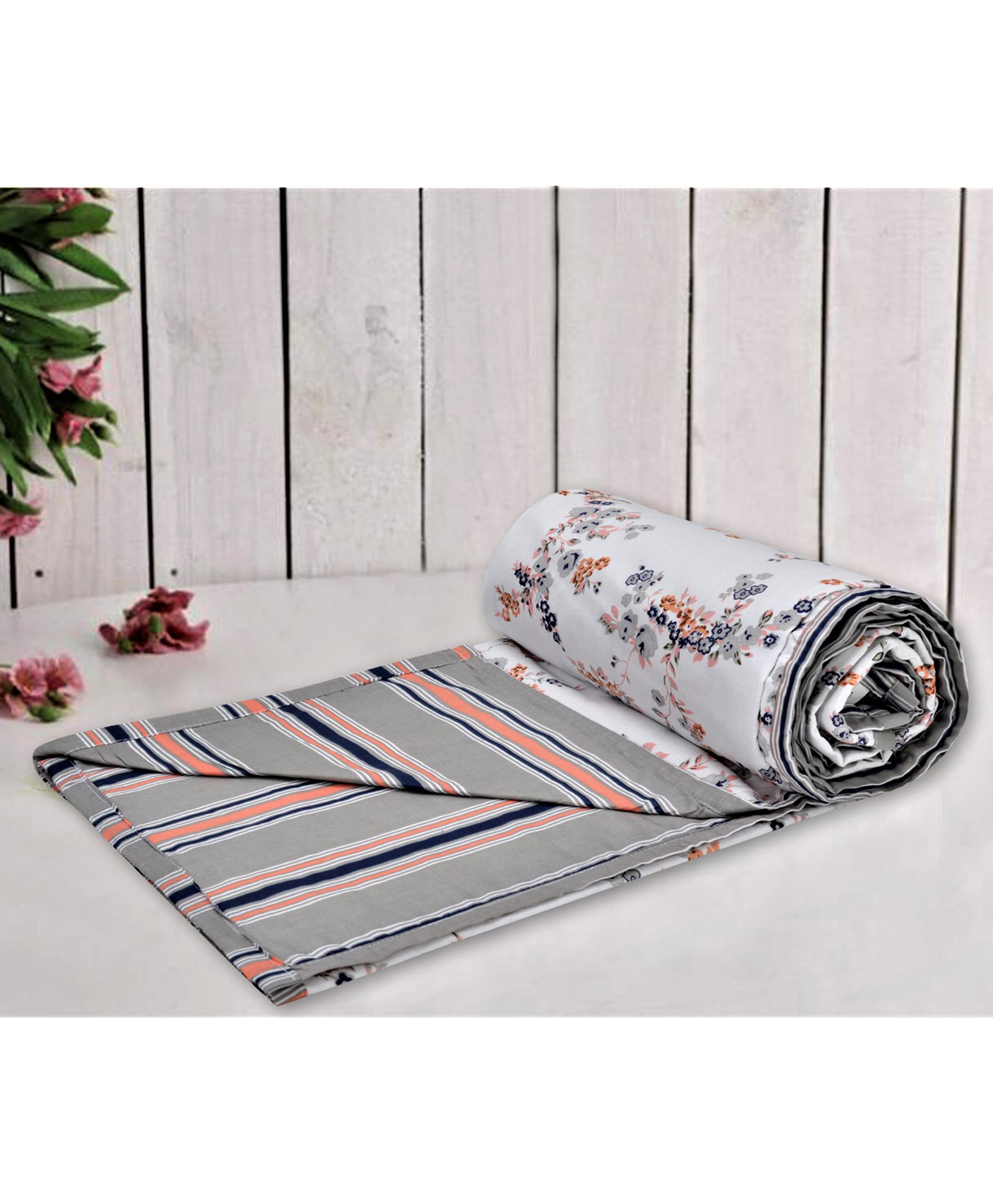Trance Home Linen Pure Cotton Reversible Dohar Double Bed Size AC Blanket Soft Light Weight Bed Blanket - Grey Peach-picture-0